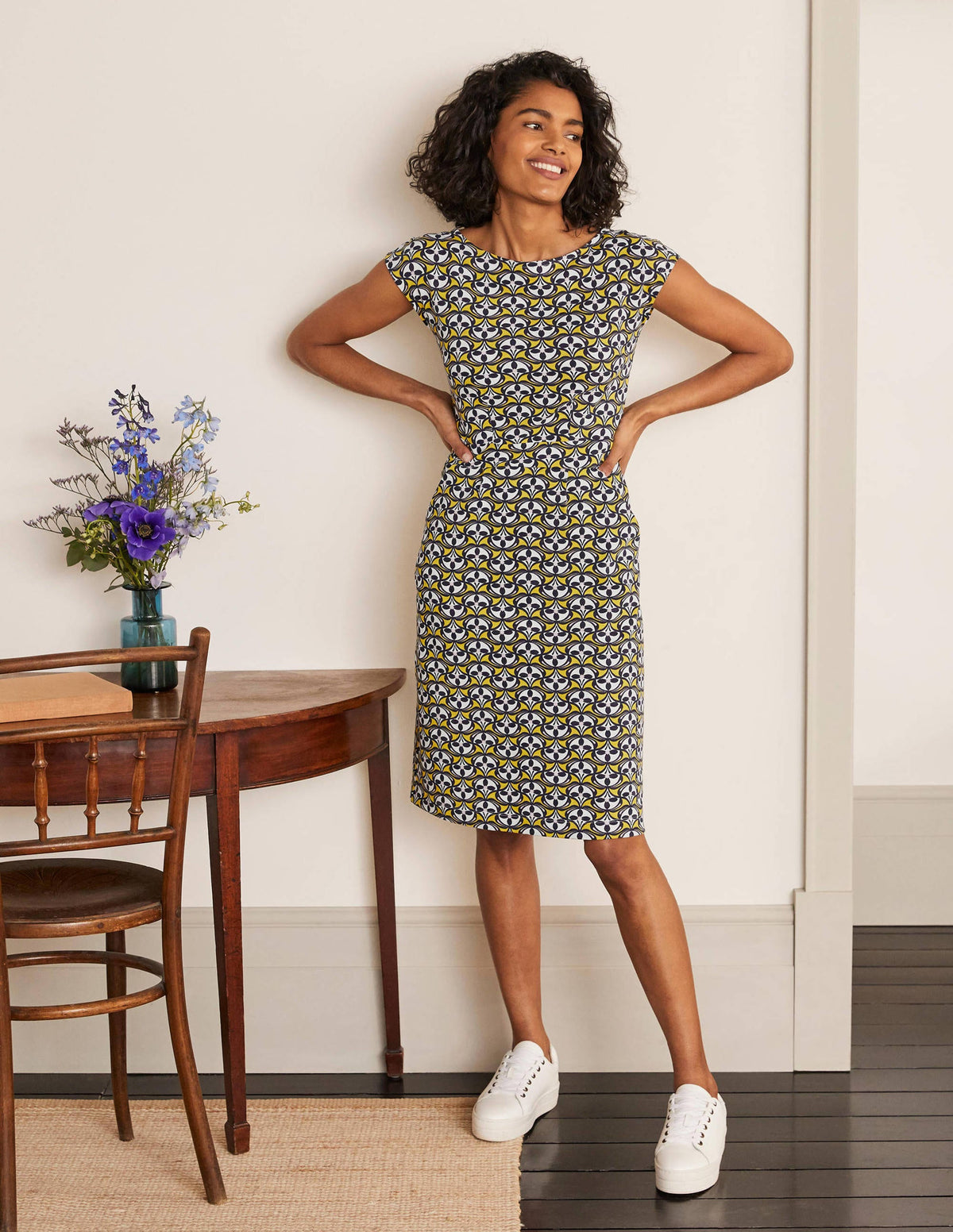 Florrie Jersey Dress-Chartreuse, Floral Fan - Image 2