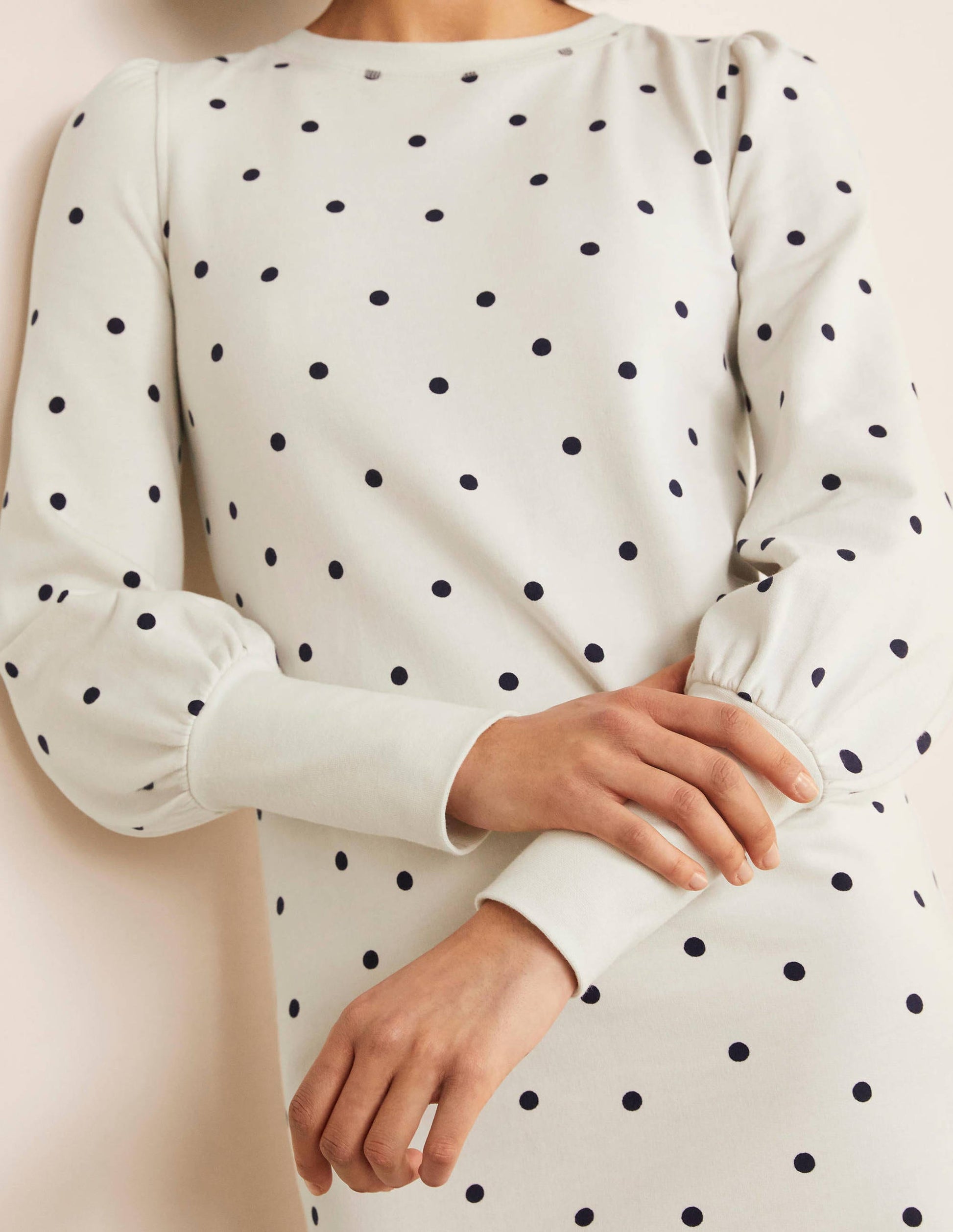 Romona Sweatshirt Dress-Ivory and Navy, Polka-4