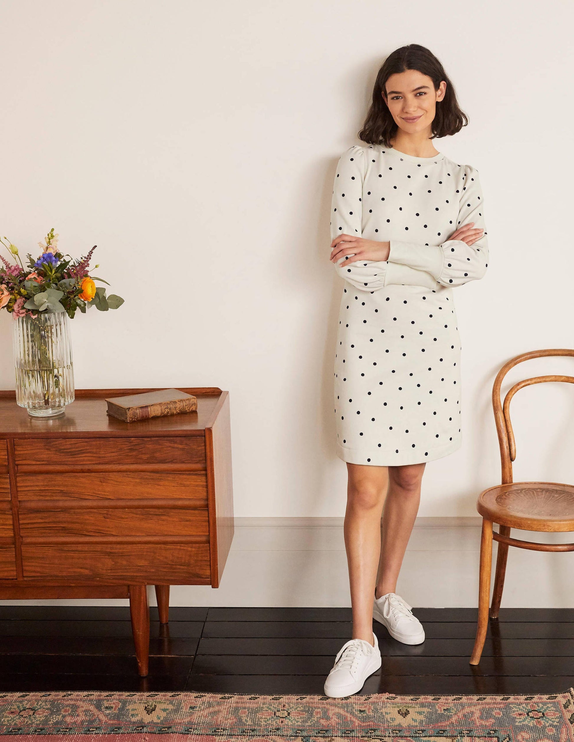 Romona Sweatshirt Dress-Ivory and Navy, Polka-5