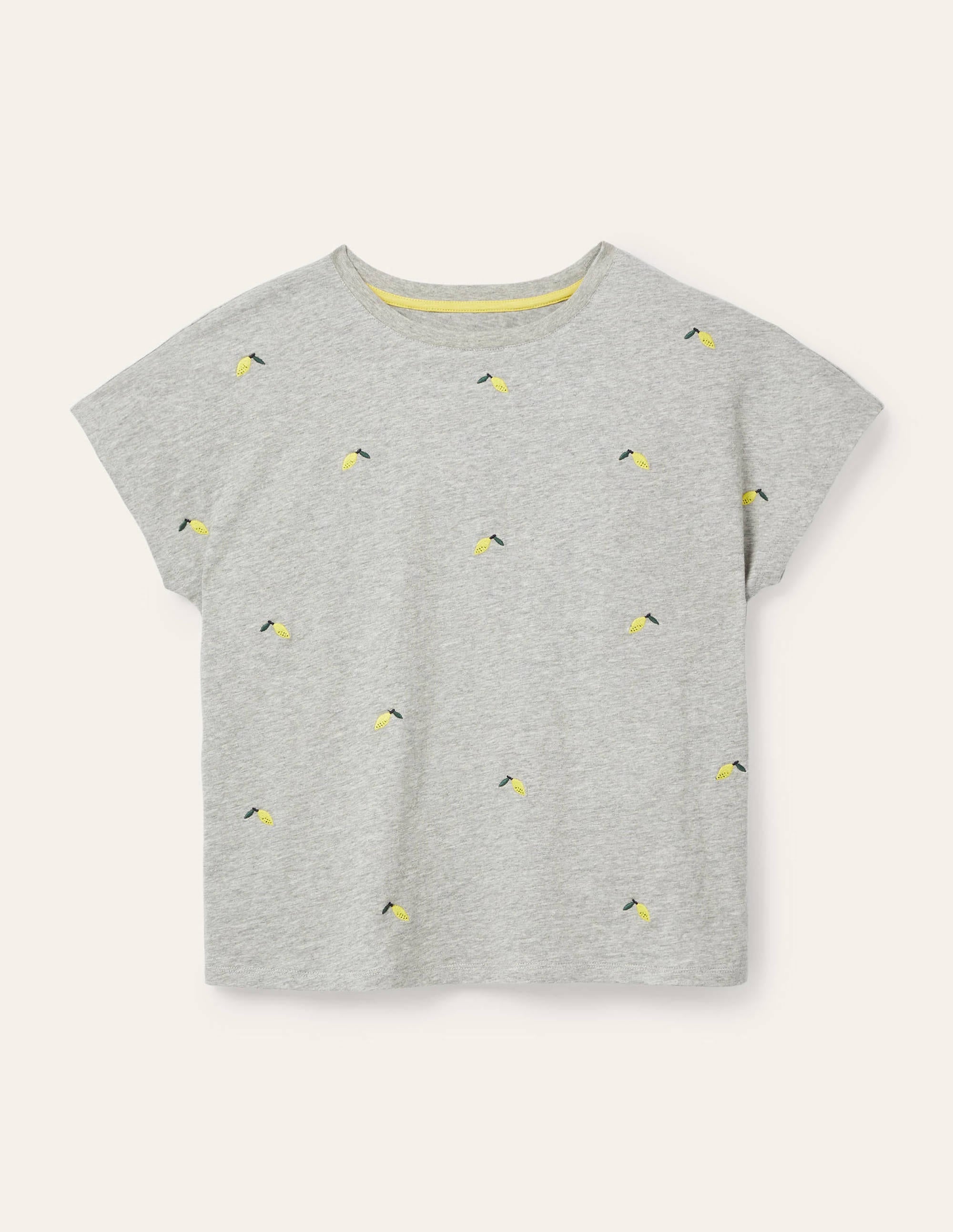 Lena Embroidered Jersey Tee-Grey Marl, Embroidered Lemons - Image 5