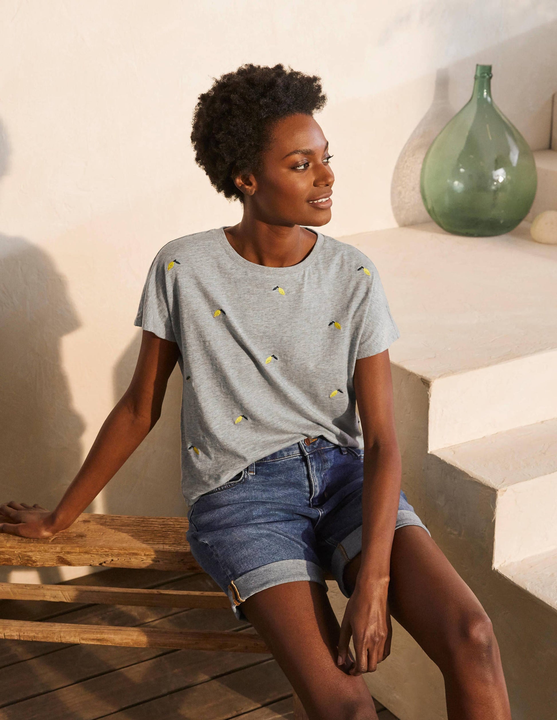 Lena Embroidered Jersey Tee-Grey Marl, Embroidered Lemons-1