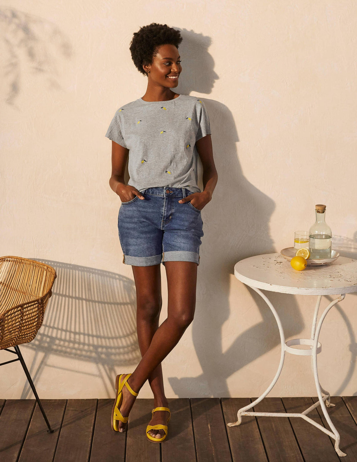 Lena Embroidered Jersey Tee-Grey Marl, Embroidered Lemons - Image 2