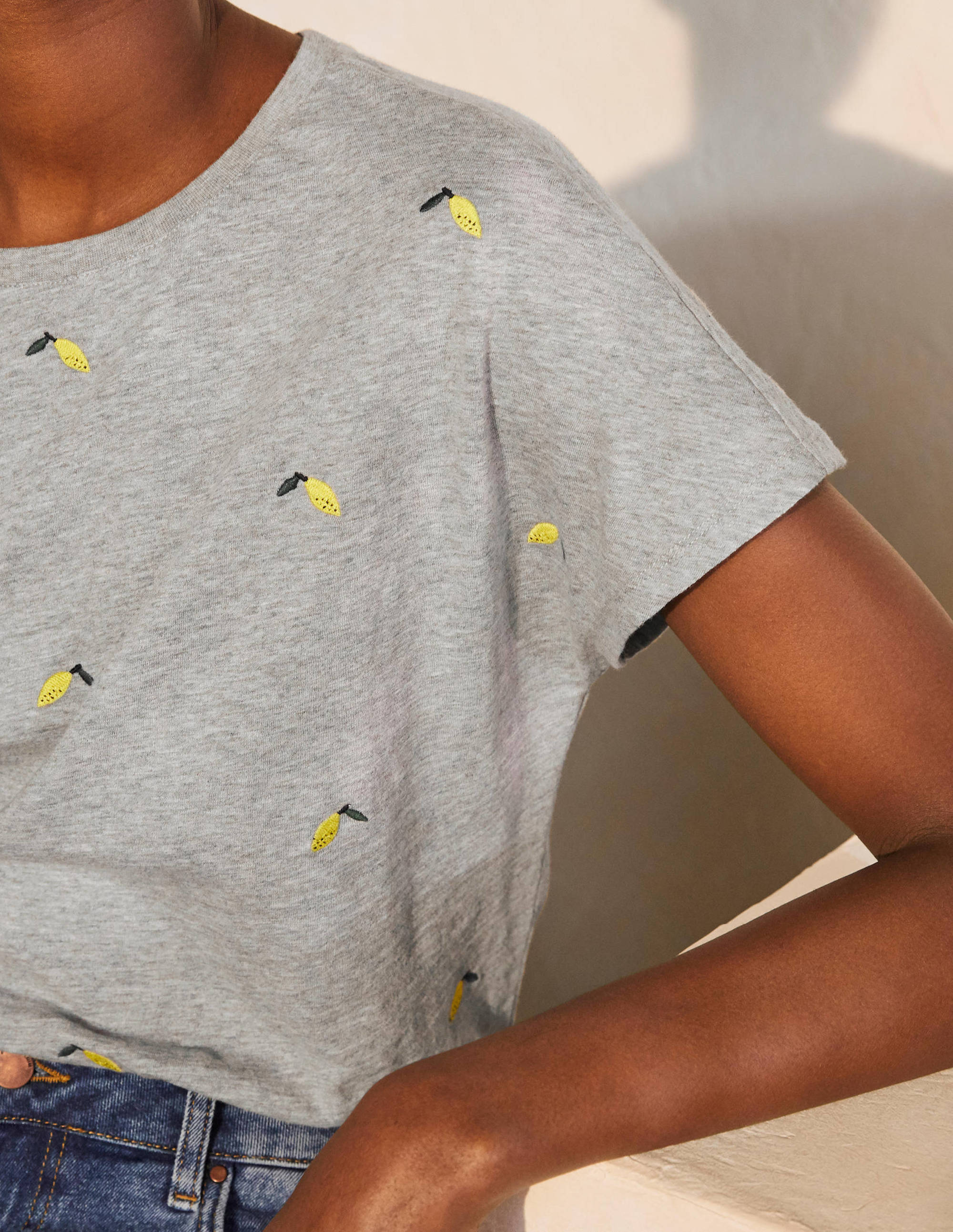 Lena Embroidered Jersey Tee-Grey Marl, Embroidered Lemons - Image 4