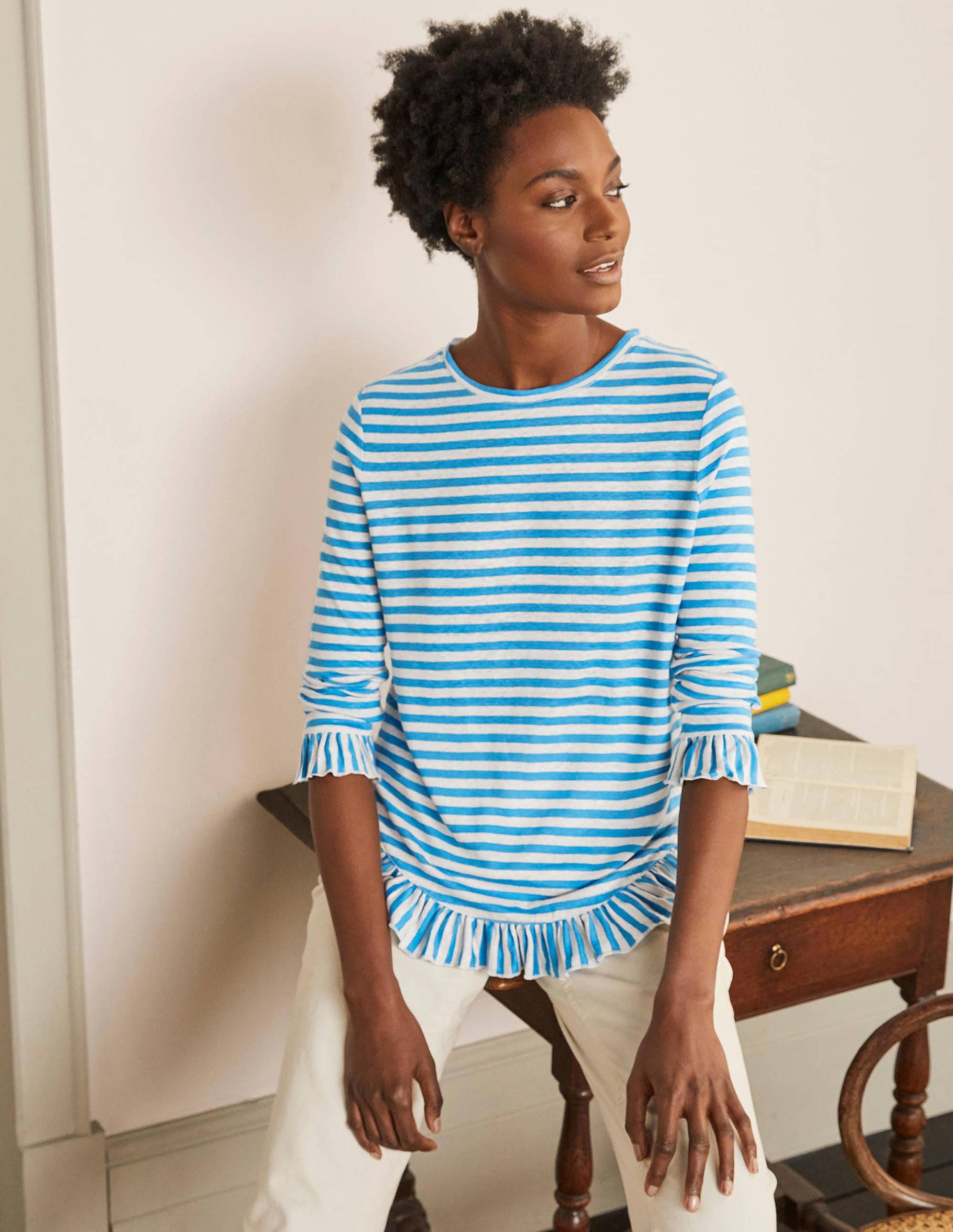 Dorothy Linen Jersey Top-Moroccan Blue/ Ivory-1