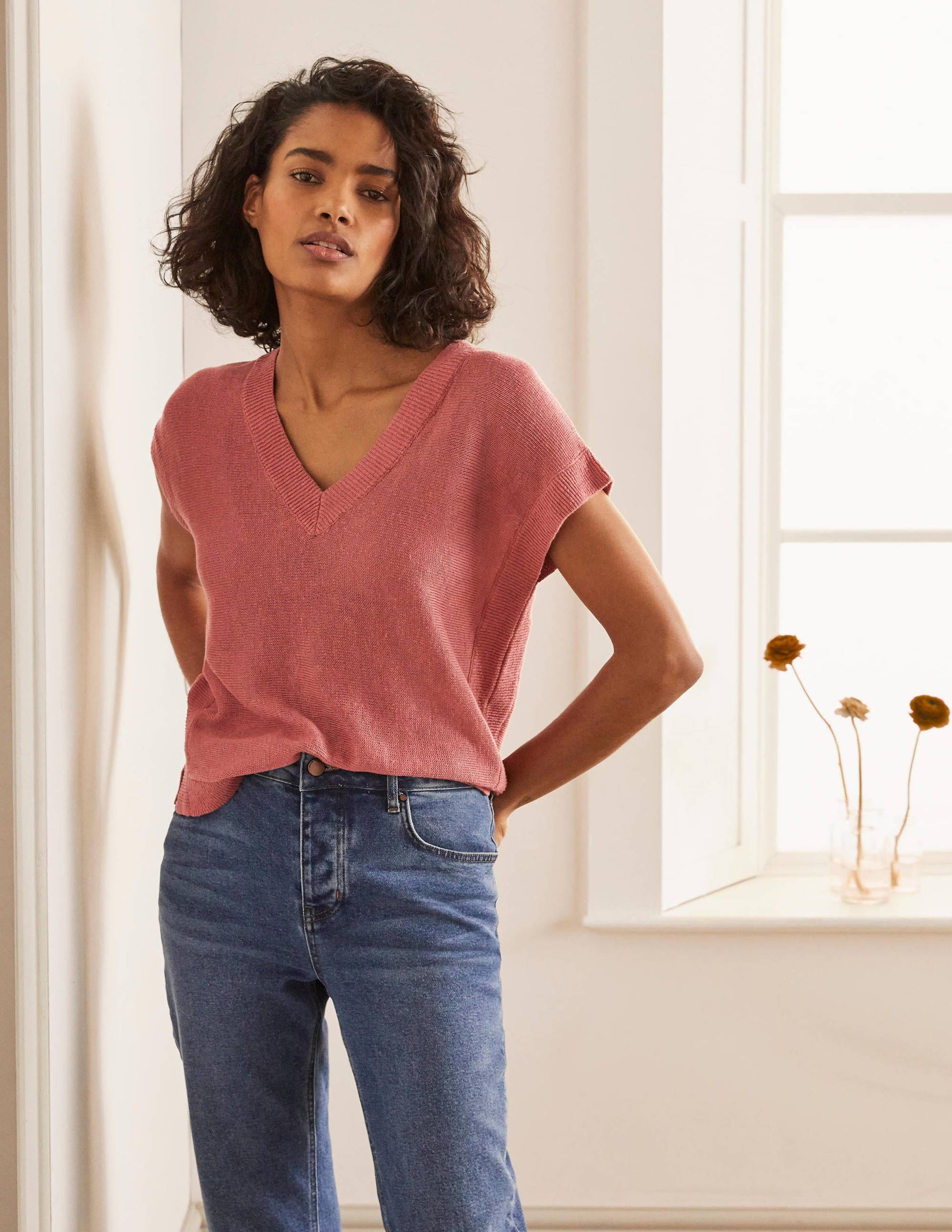 Anglesey Ribbed Linen Tee-Dusty Red-1