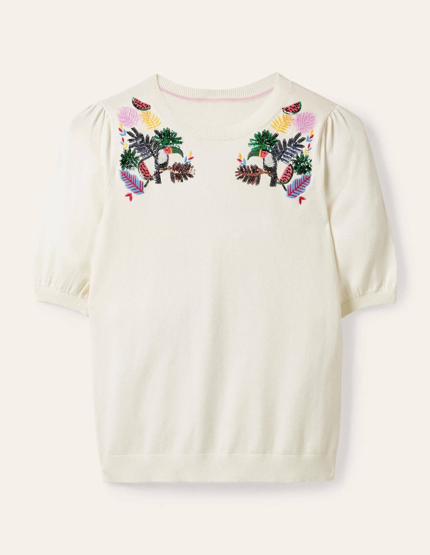 Belsay Embroidered Knitted Tee-Ivory