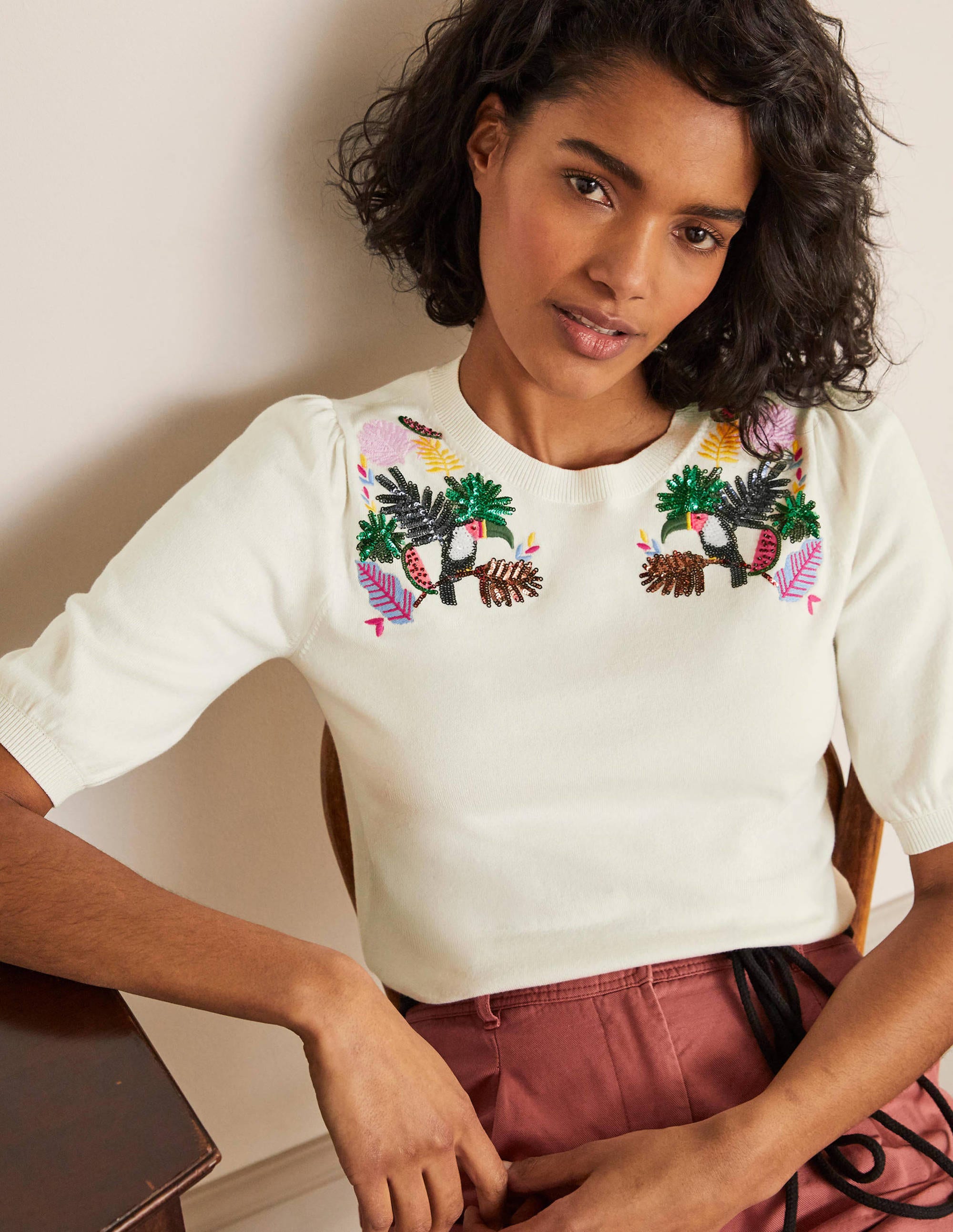 Belsay Embroidered Knitted Tee-Ivory - Image 1