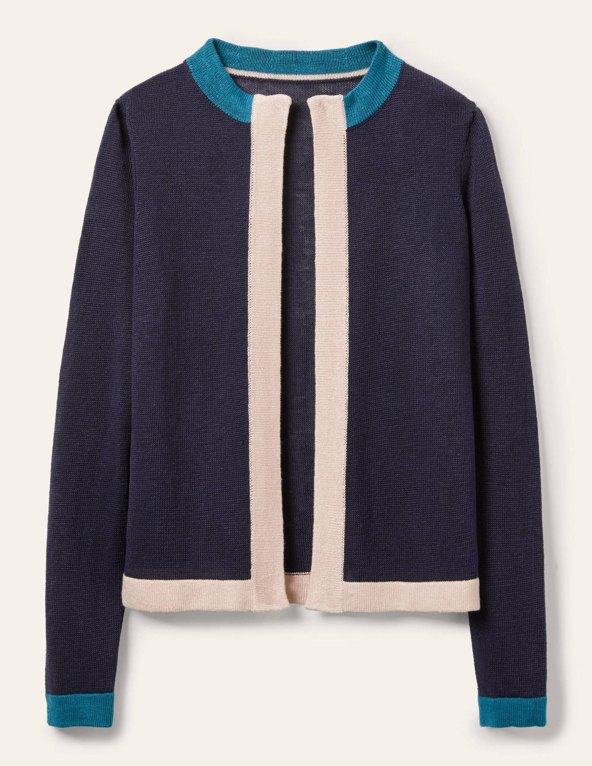 Stripe Trim Linen Cardigan-Navy Colourblock - Image 6