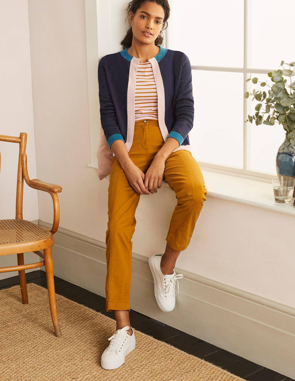 Stripe Trim Linen Cardigan-Navy Colourblock - Image 1