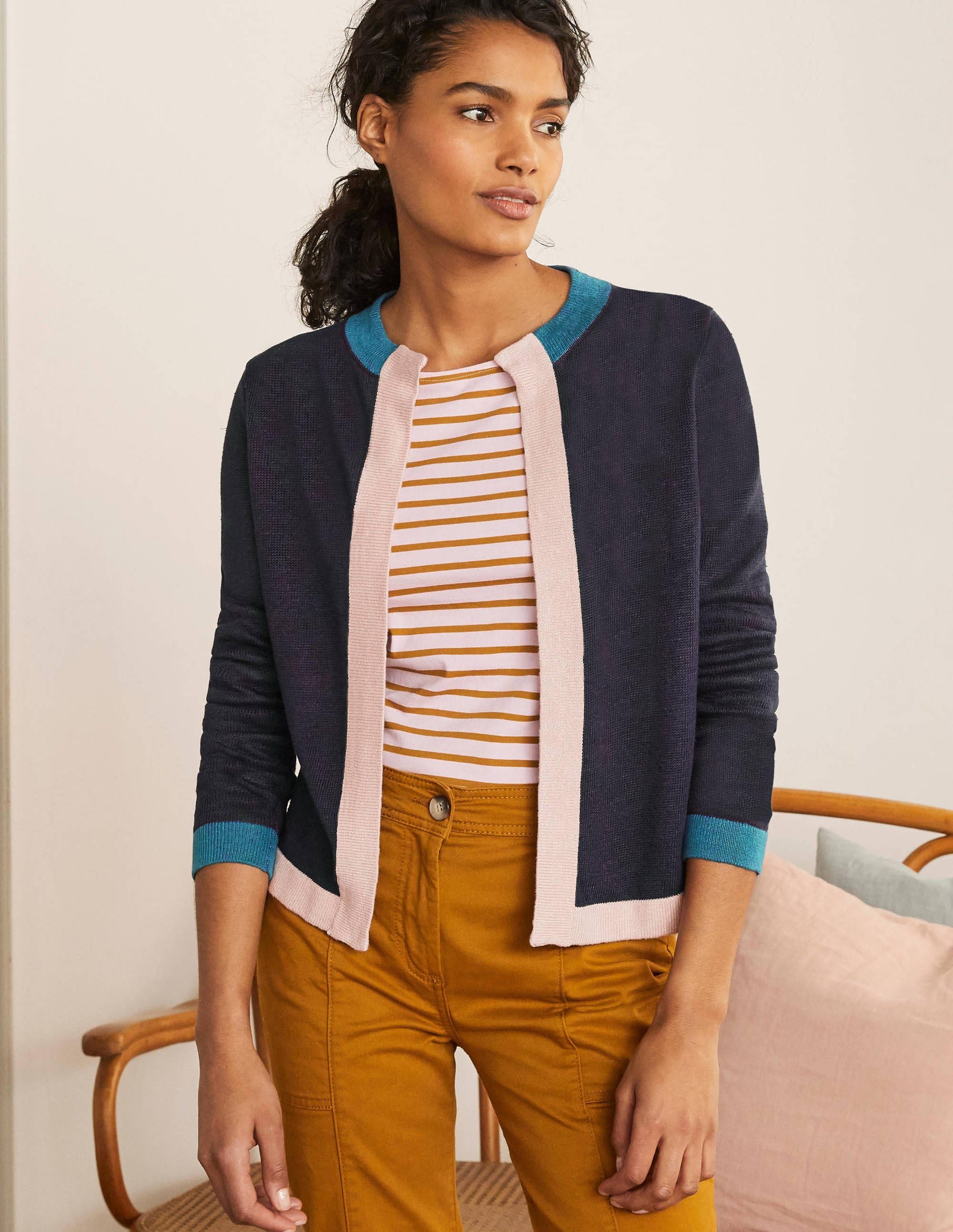 Stripe Trim Linen Cardigan-Navy Colourblock - Image 2