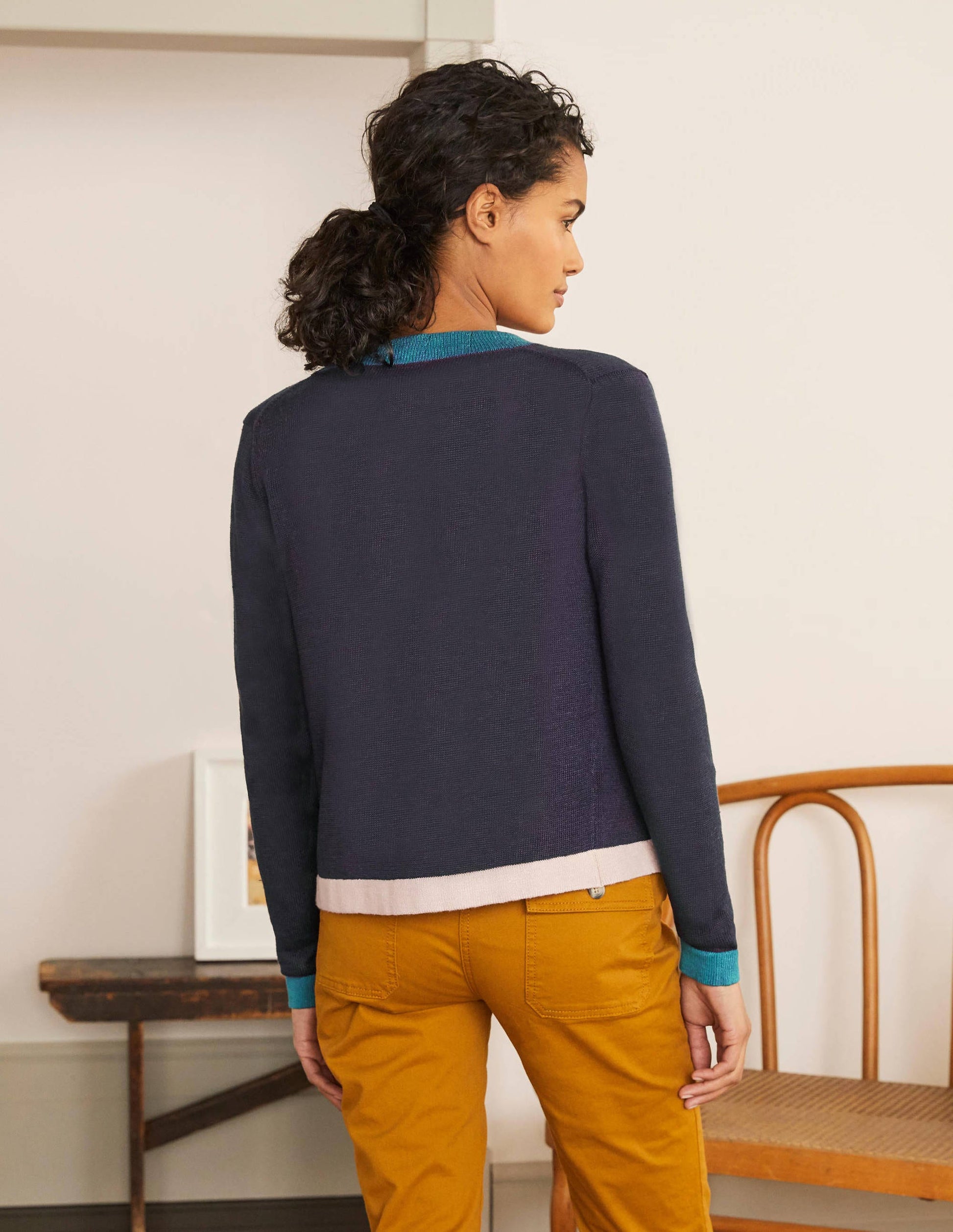 Stripe Trim Linen Cardigan-Navy Colourblock-3