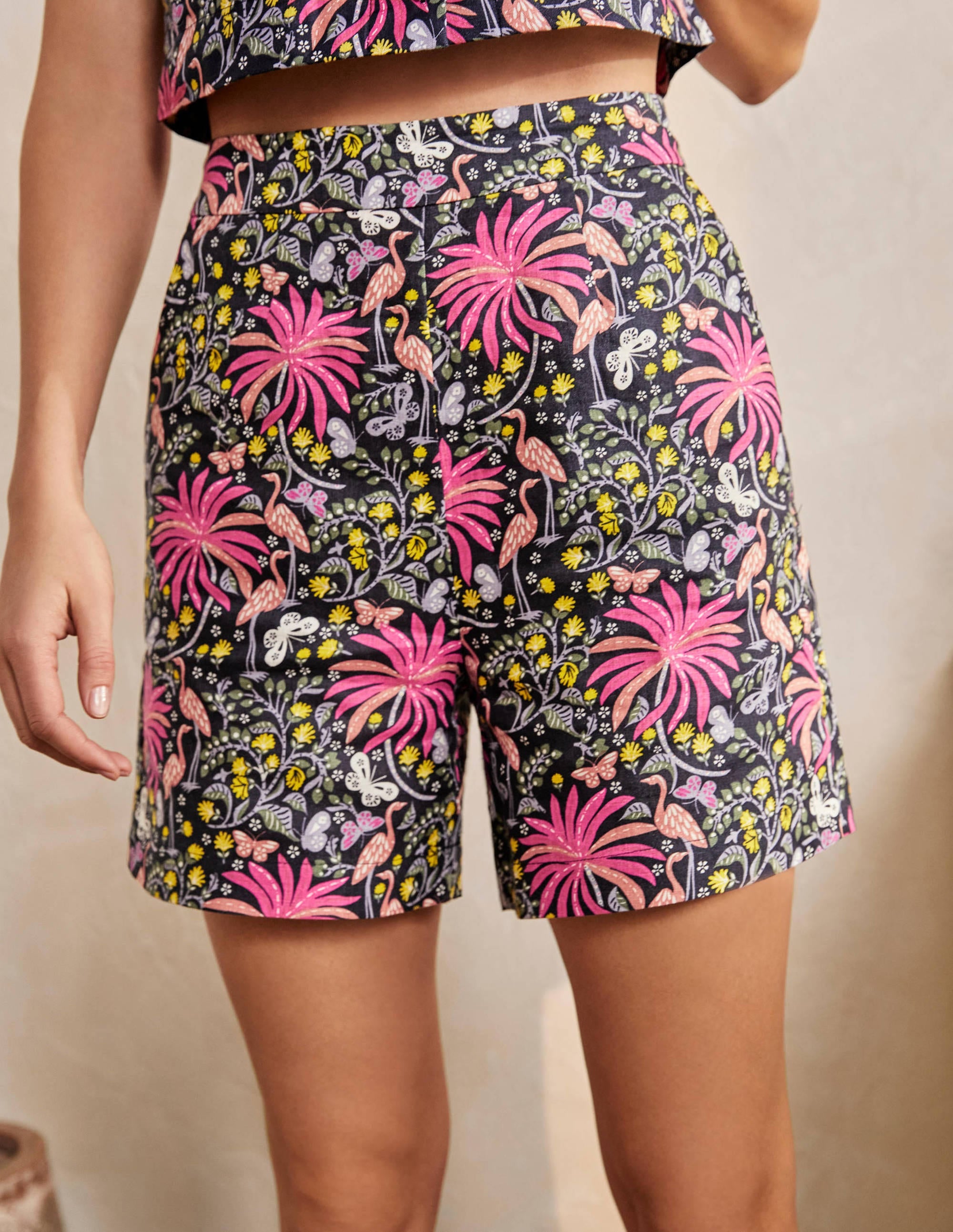 Georgina Linen Shorts-Navy, Tropical Charm - Image 4
