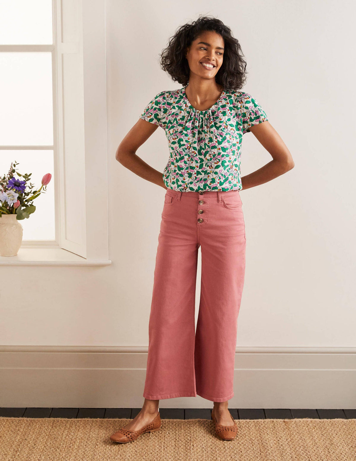 Horn Button Wide Leg Jeans-Dusty Red - Image 5