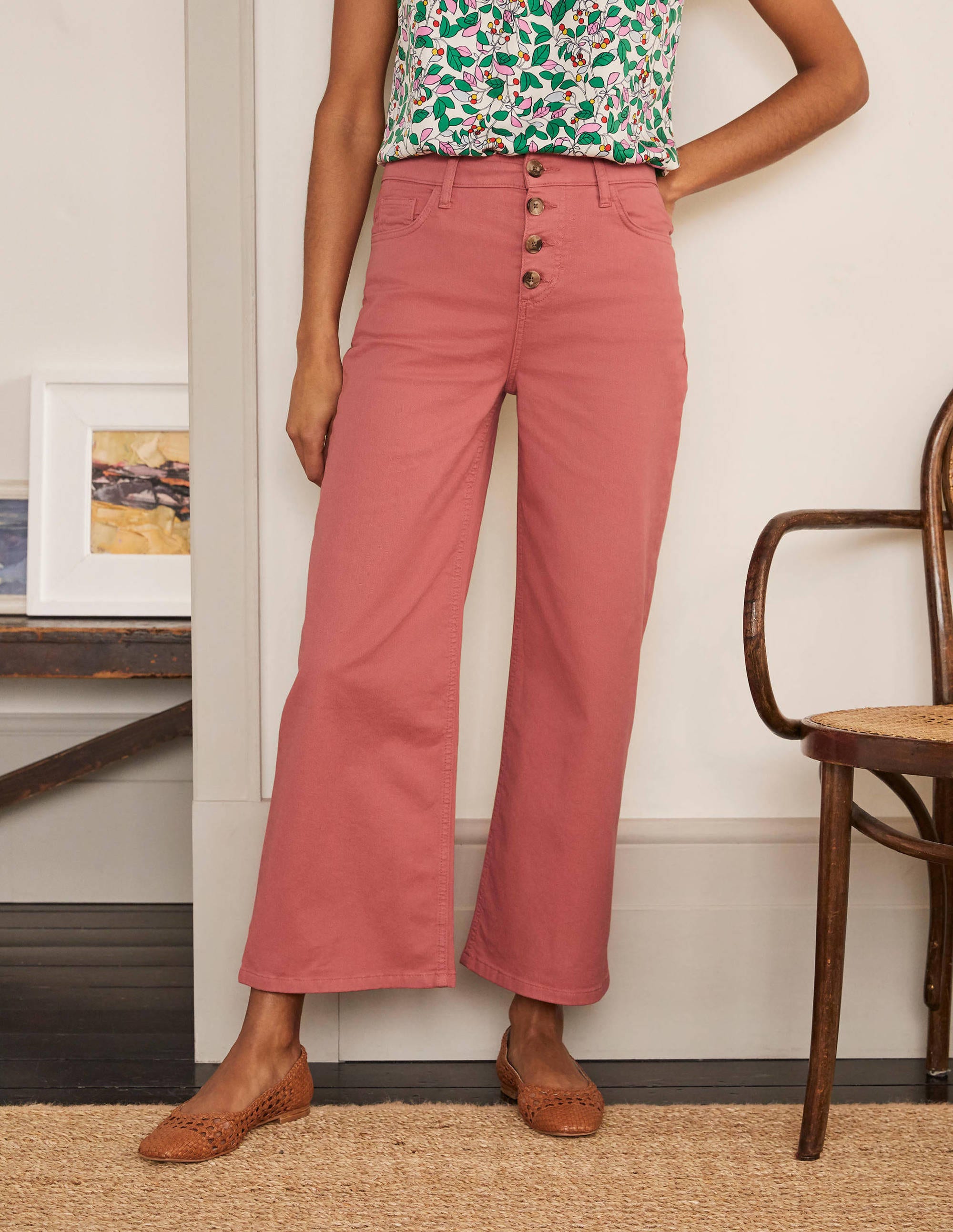 Horn Button Wide Leg Jeans-Dusty Red - Image 1