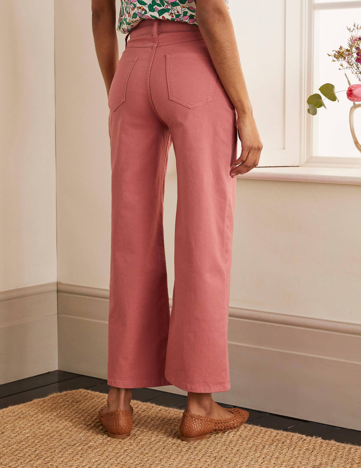 Horn Button Wide Leg Jeans-Dusty Red-2