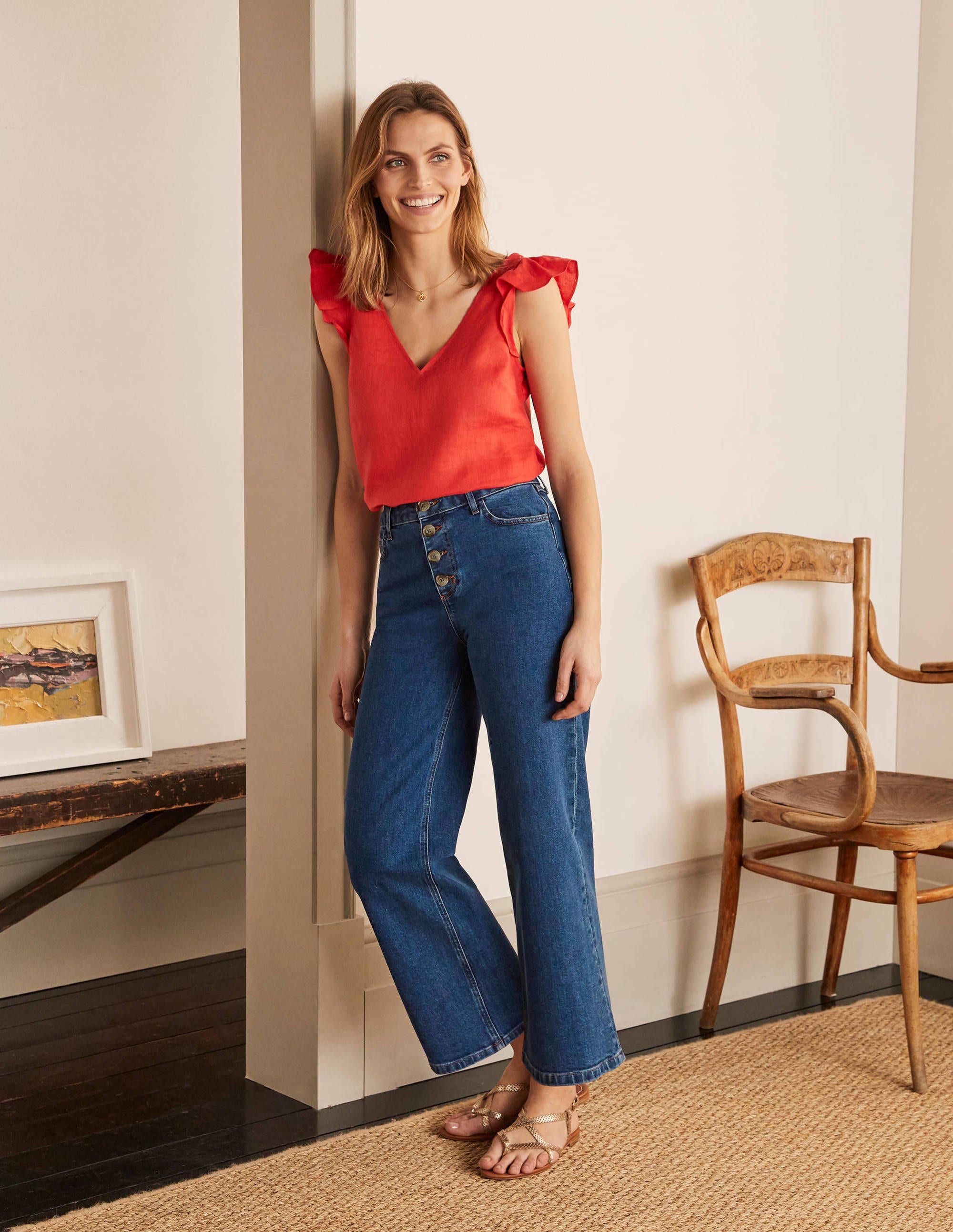 Horn Button Wide Leg Jeans-Mid Vintage Denim - Image 5