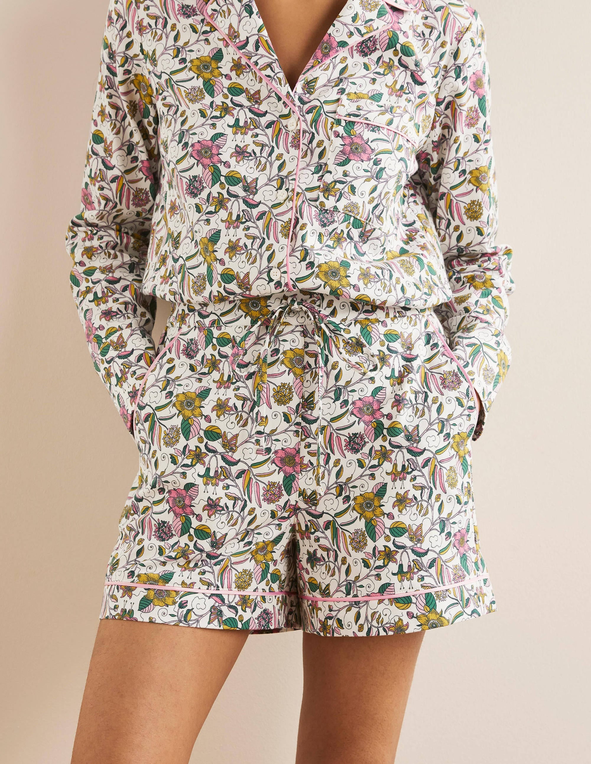 Cotton Pajama Shorts-Ivory, Beautiful Garden - Image 1