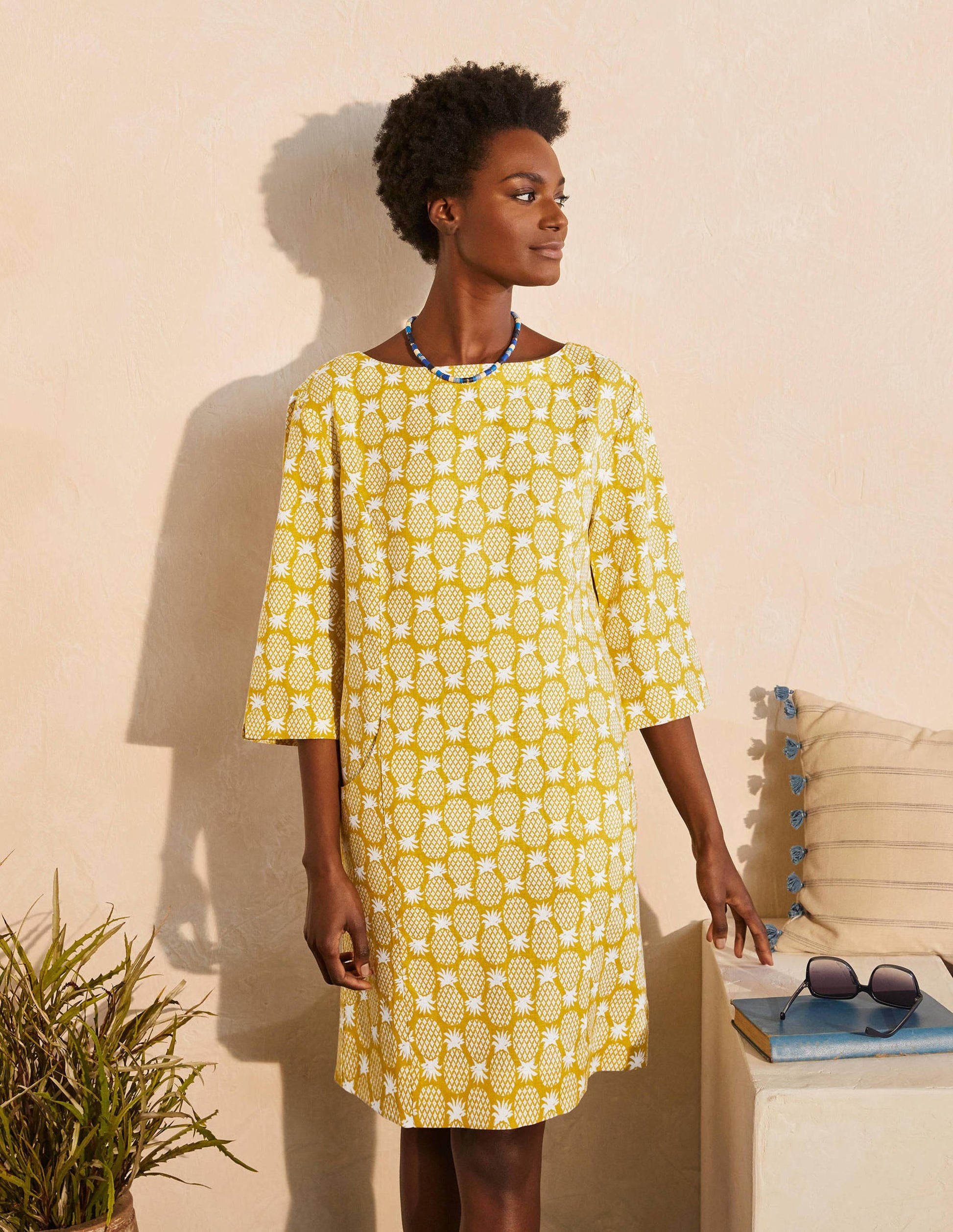 Laurie Linen Dress-Chartreuse, Pineapple Geo-1