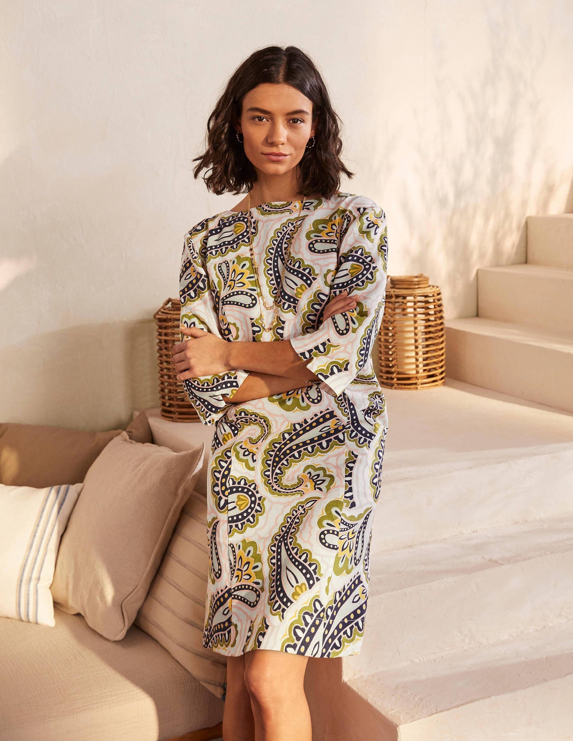 Laurie Linen Dress-Ivory, Summer Paisley-1