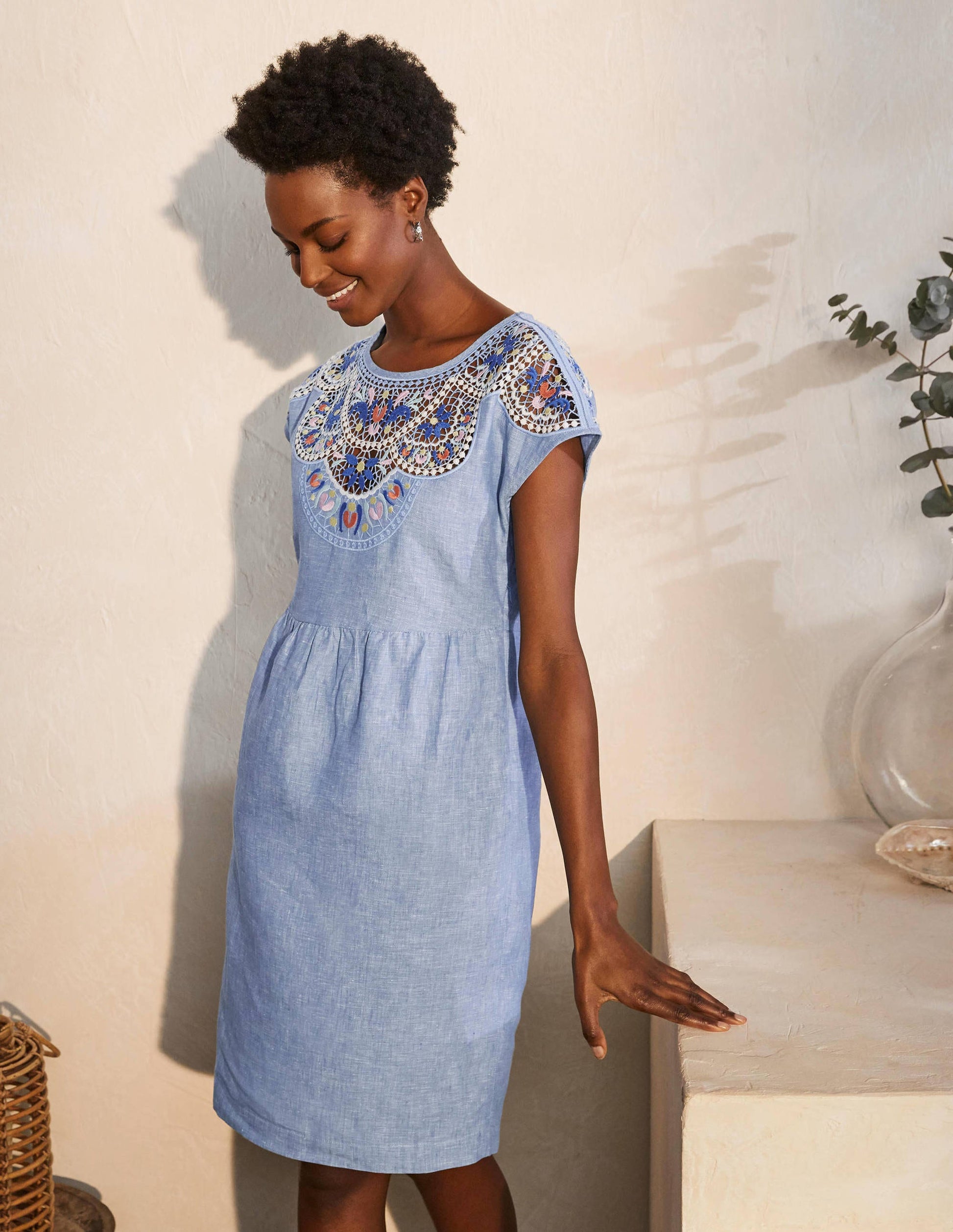 Fleur Embroidered Linen Dress-Grey Blue Chambray-1