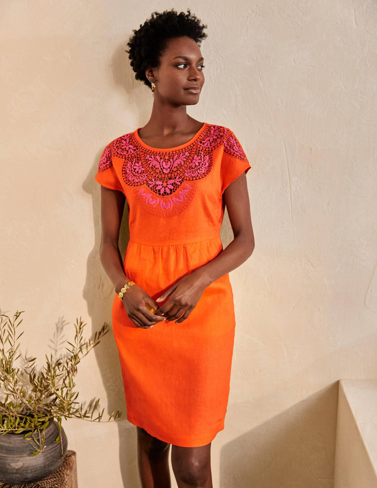 Fleur Embroidered Linen Dress-Satsuma - Image 6