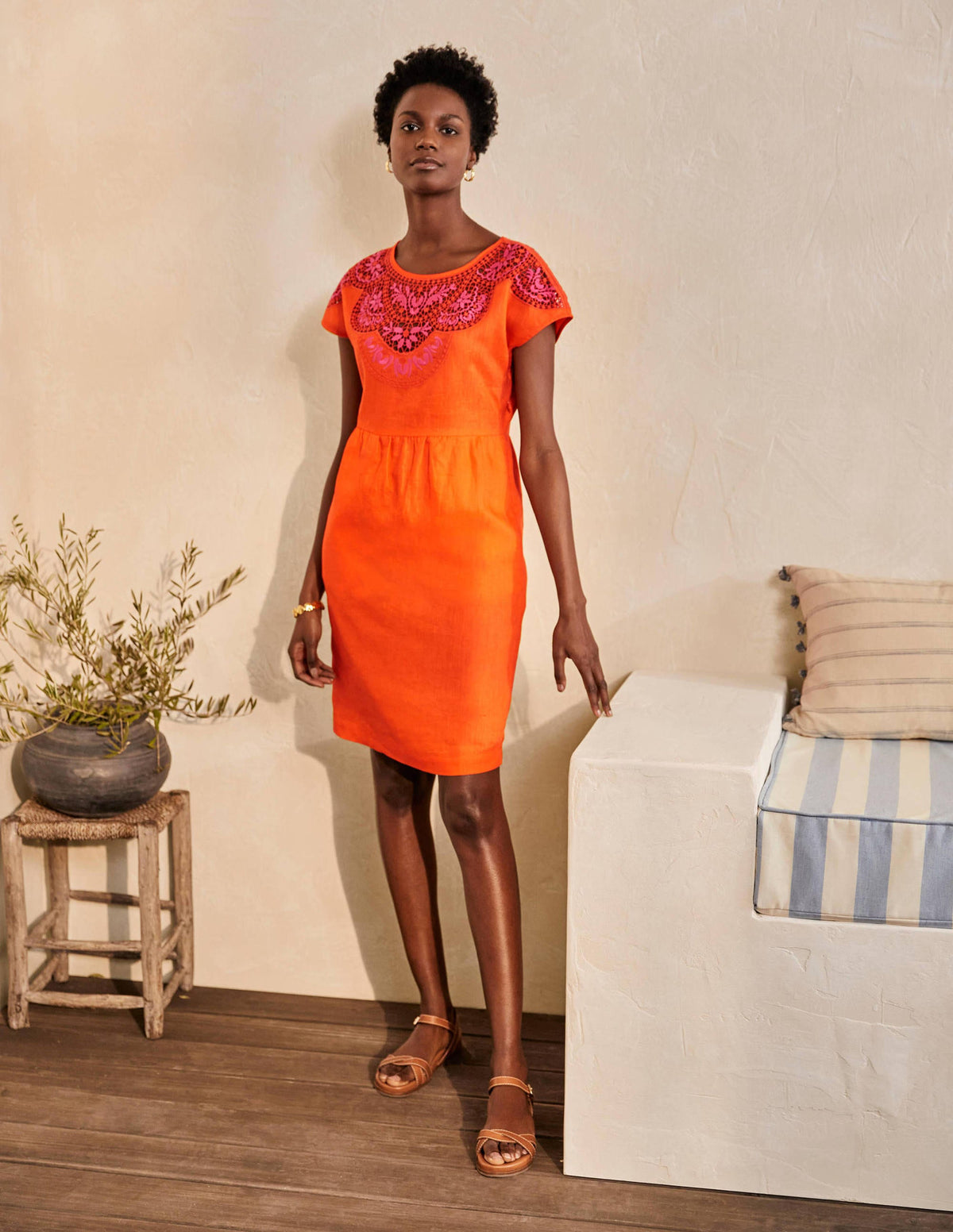 Fleur Embroidered Linen Dress-Satsuma - Image 1