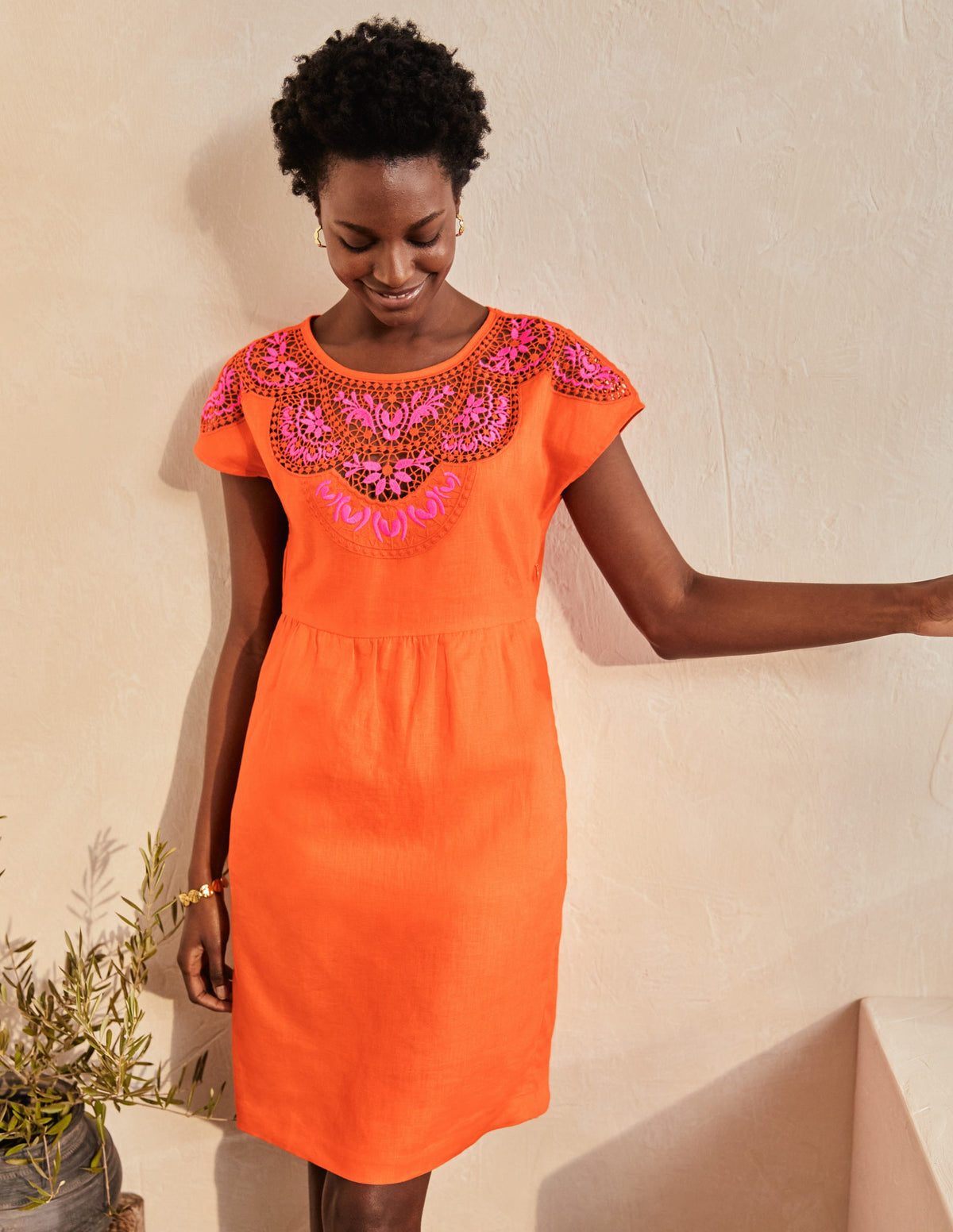 Fleur Embroidered Linen Dress-Satsuma - Image 5