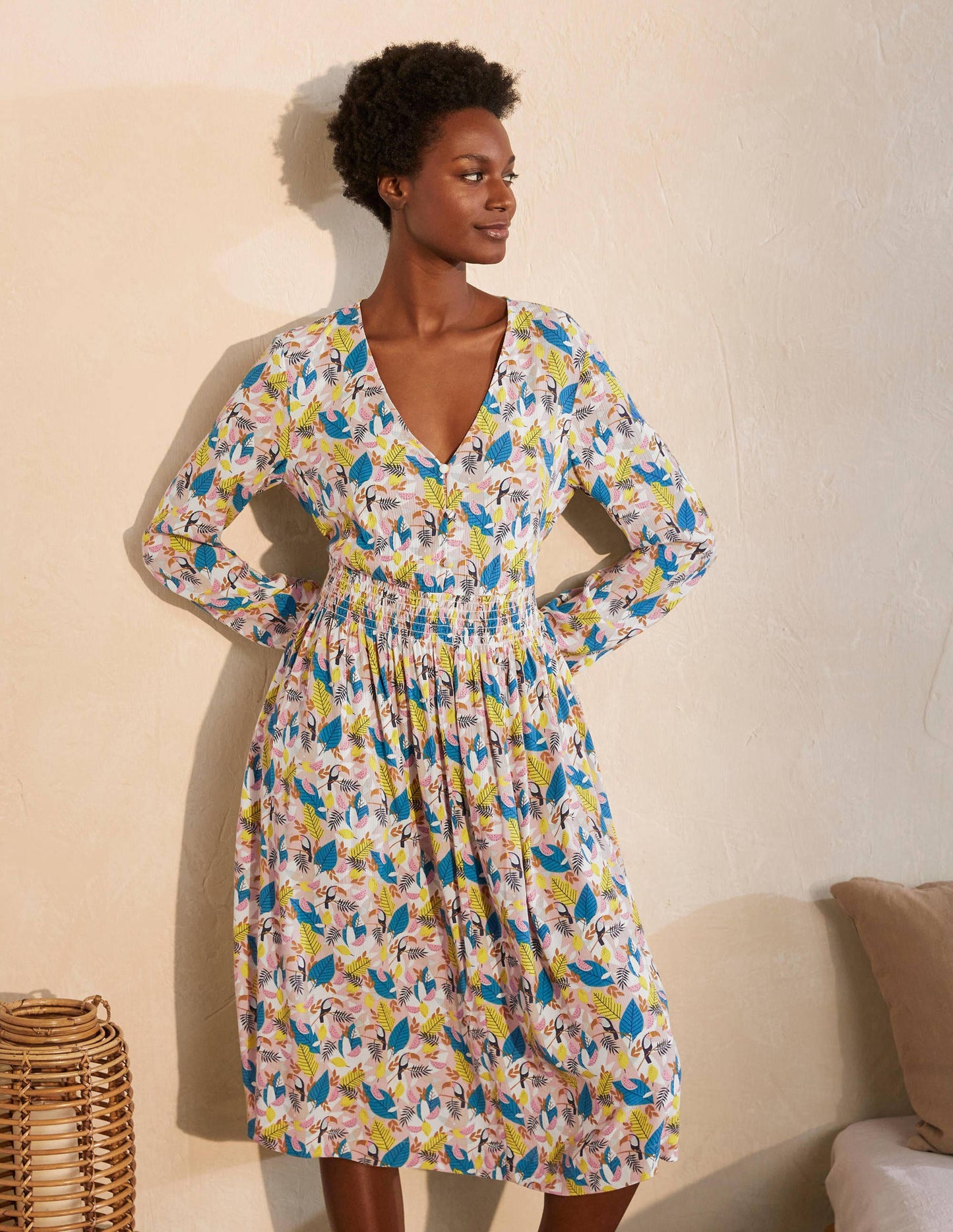 Susannah Smocked Dress-Milkshake, Treetop Toucan