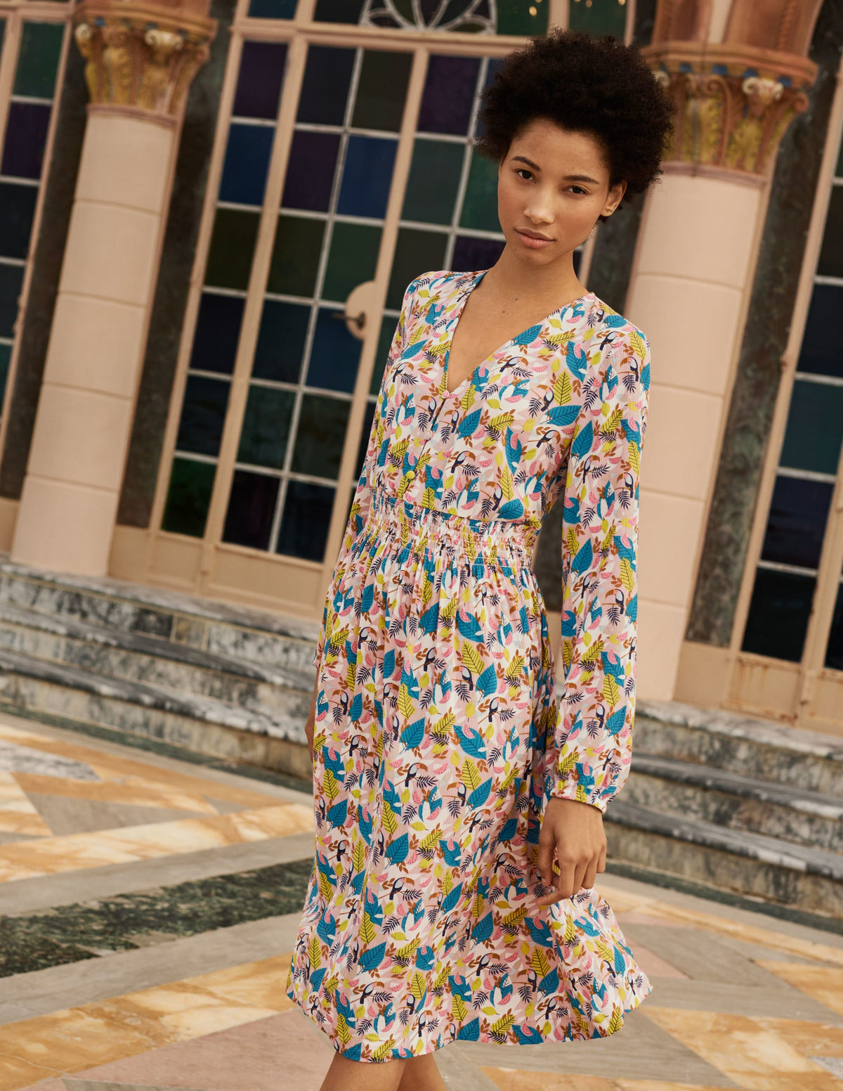 Susannah Smocked Dress-Milkshake, Treetop Toucan - Image 5