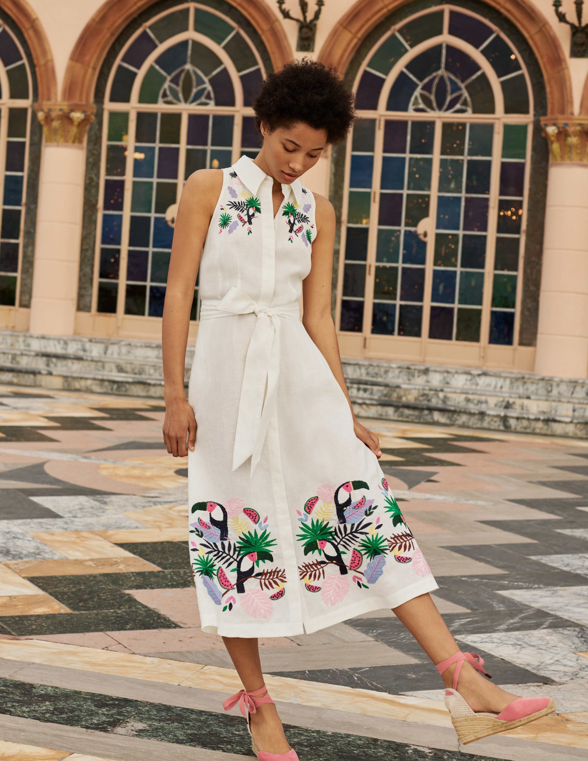 Kate Linen Shirt Dress-Ivory with multi embroidery-7