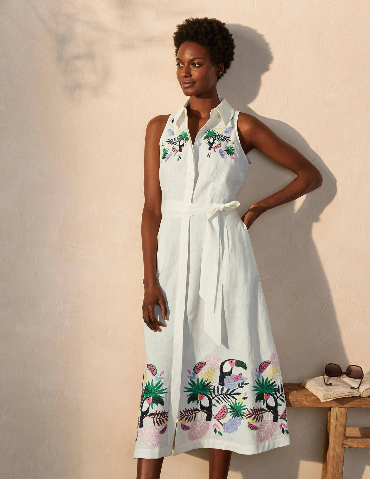 Kate Linen Shirt Dress-Ivory with multi embroidery-1