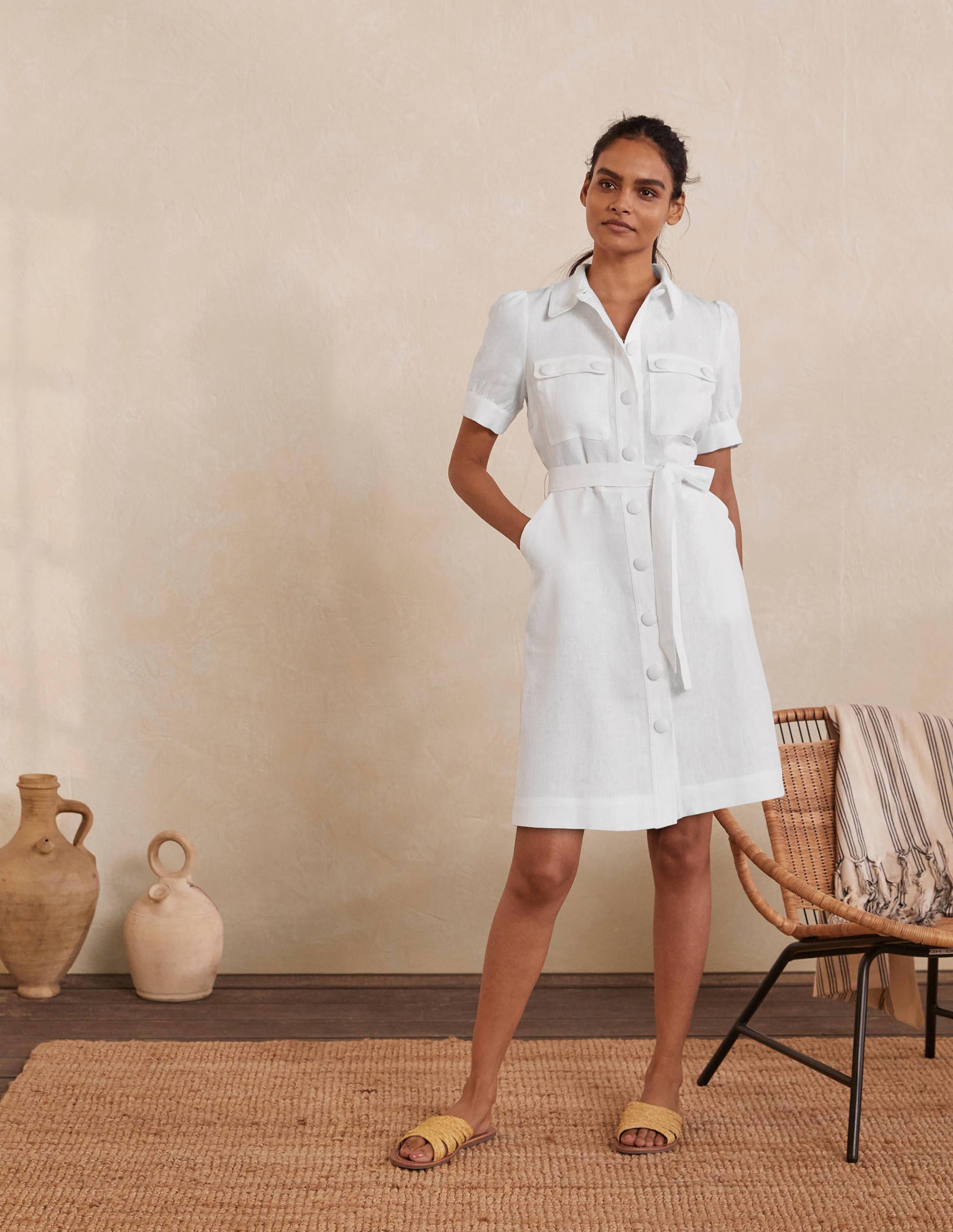 Carrie Linen Shirt Dress-White - Image 4