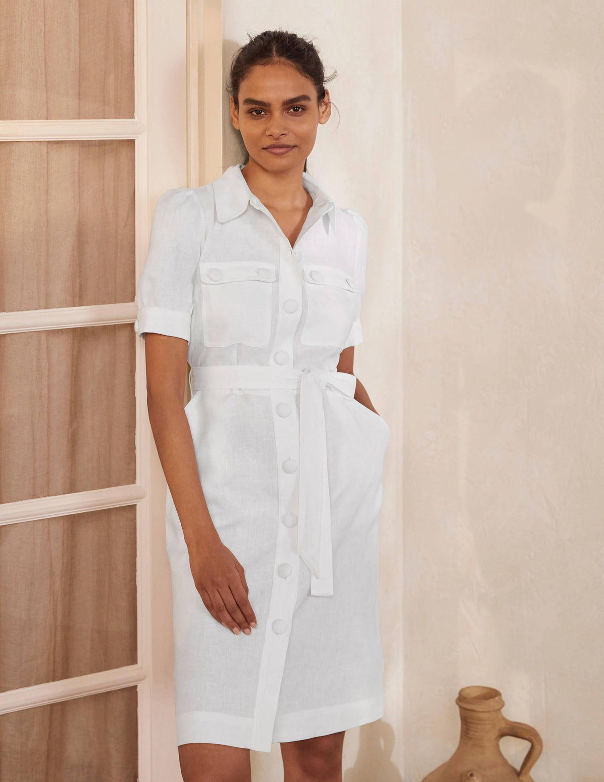 Carrie Linen Shirt Dress-White-1