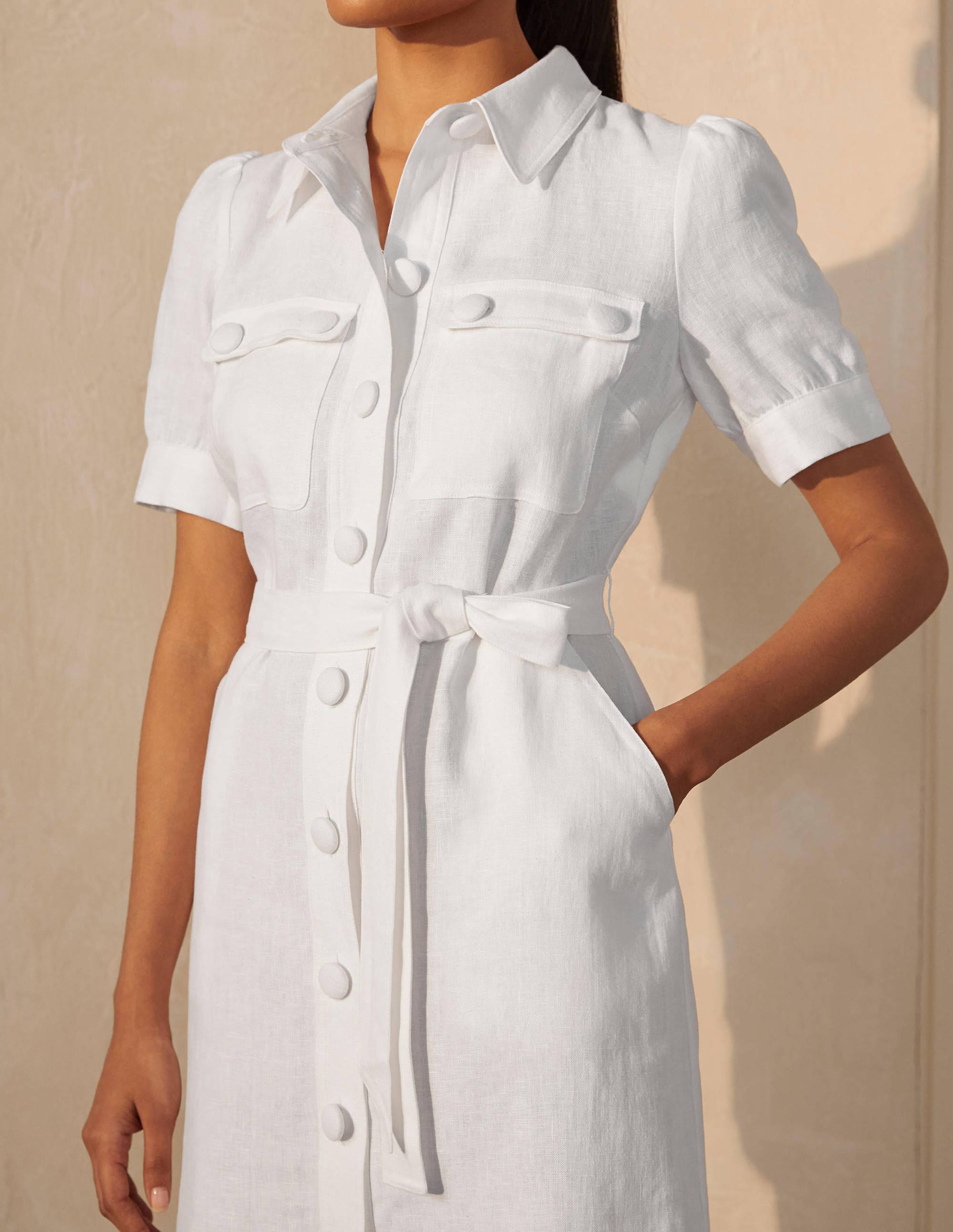 Carrie Linen Shirt Dress-White - Image 3