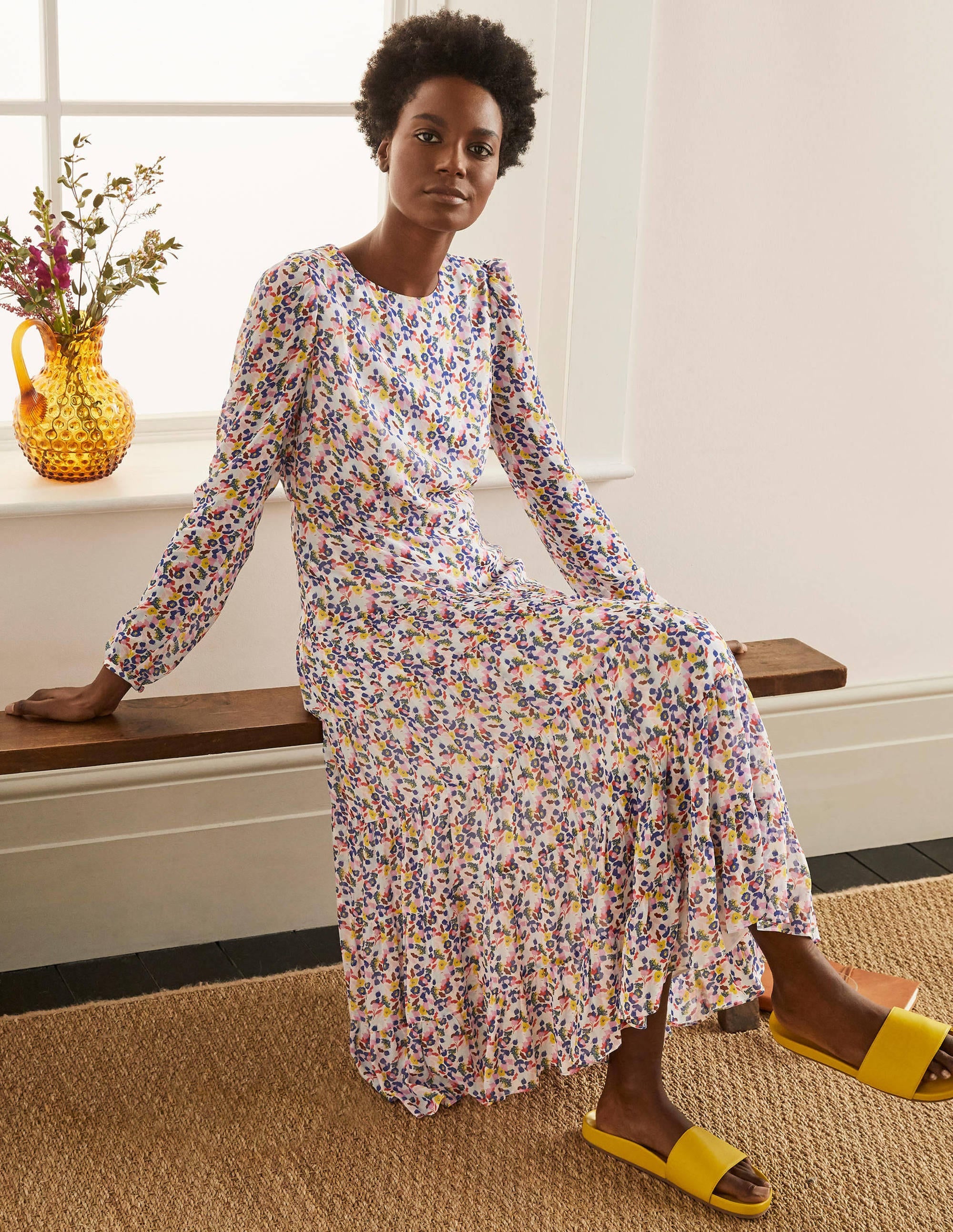 Annie Tiered Midi Dress-Ivory, Peony Burst Small - Image 1