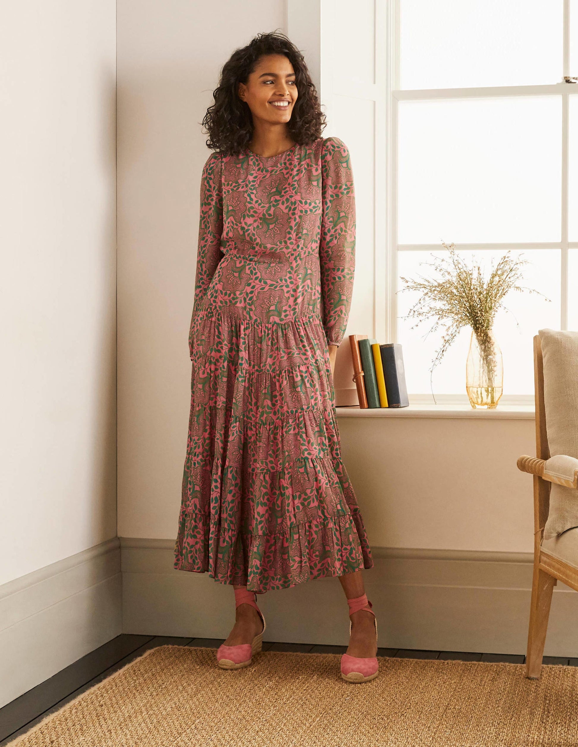Annie Tiered Midi Dress-Azalea, Ornate Floral-1