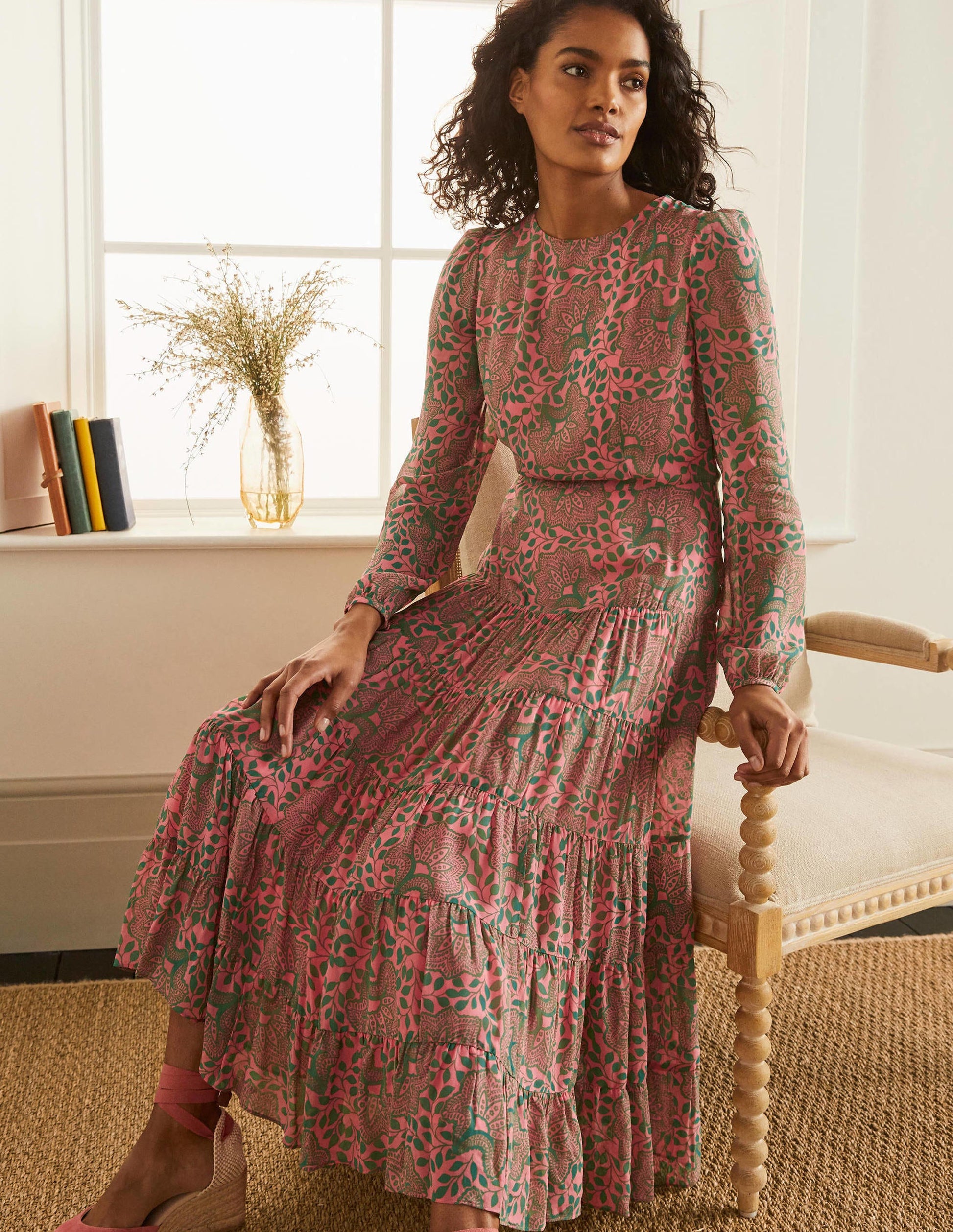 Annie Tiered Midi Dress-Azalea, Ornate Floral-2