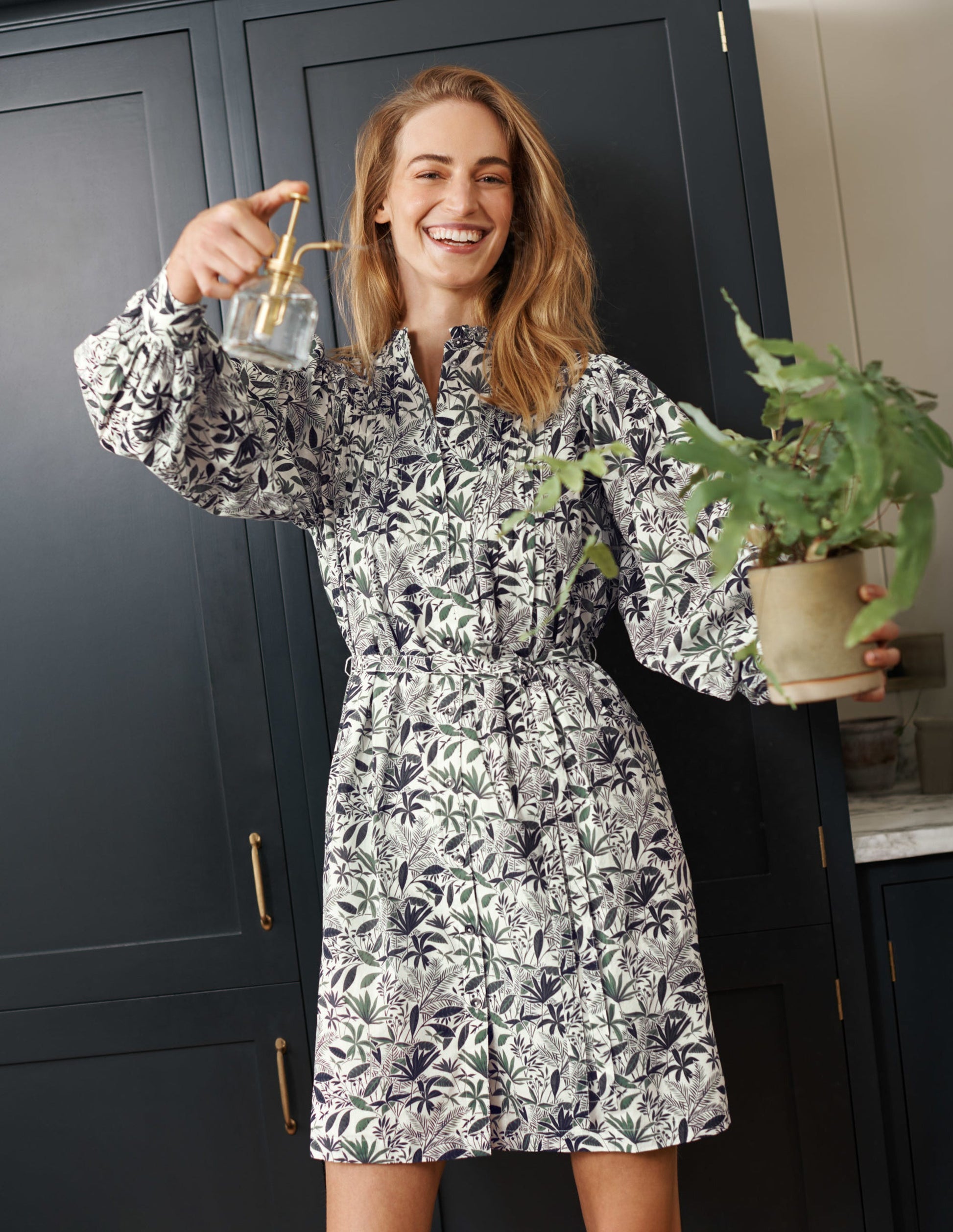 Antonia Cotton Shirt Dress-Ivory, Tropical Palm-4