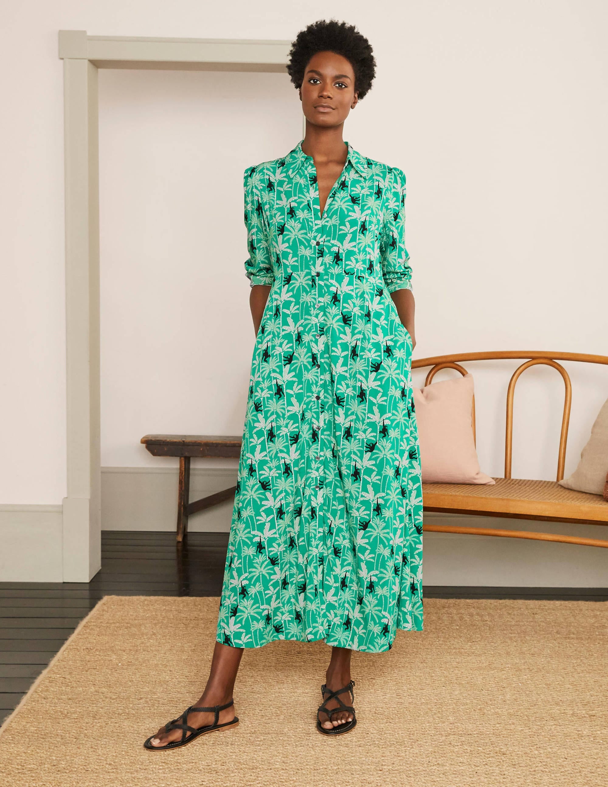 Cecile Midi Shirt Dress-Highland Green, Monkey Palm - Image 1