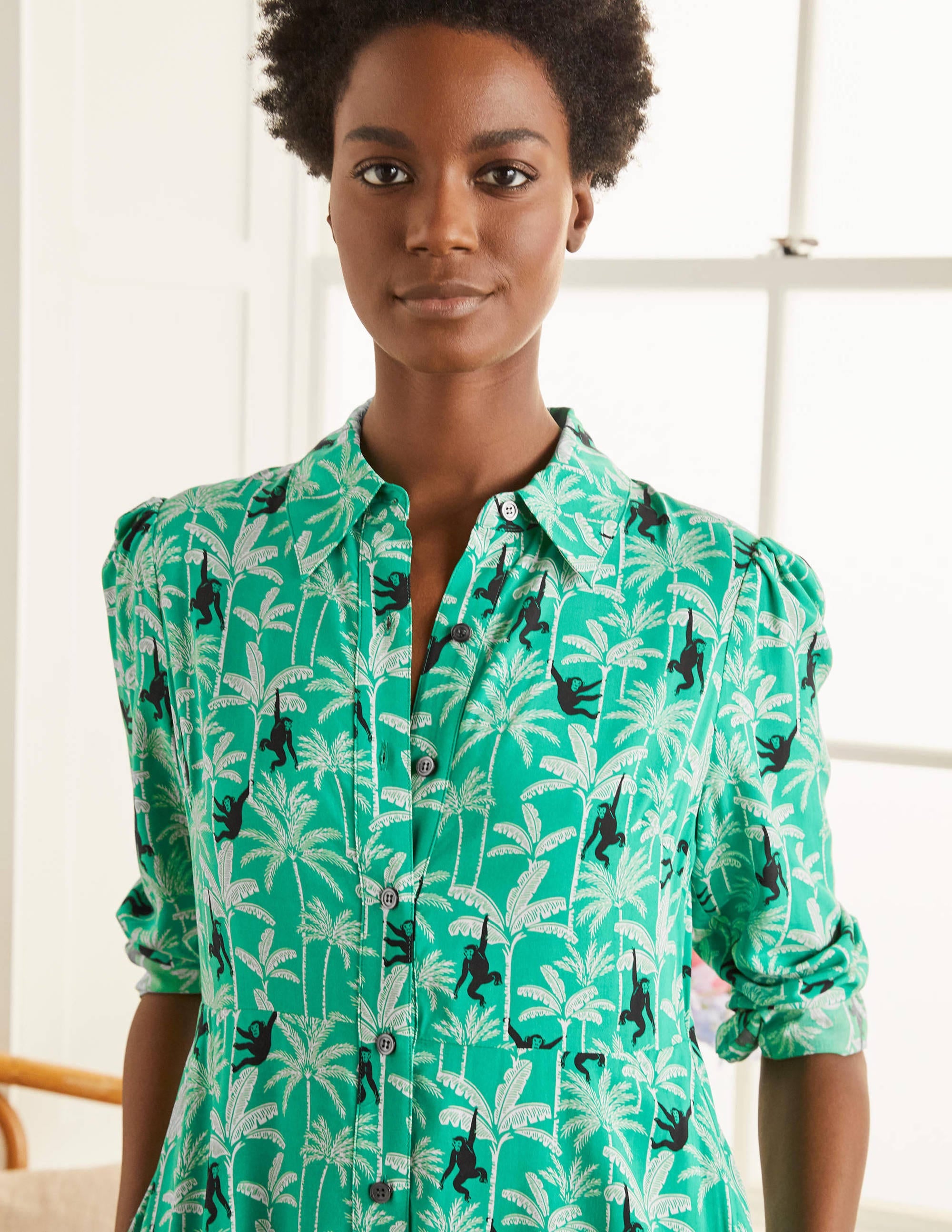 Cecile Midi Shirt Dress-Highland Green, Monkey Palm - Image 3