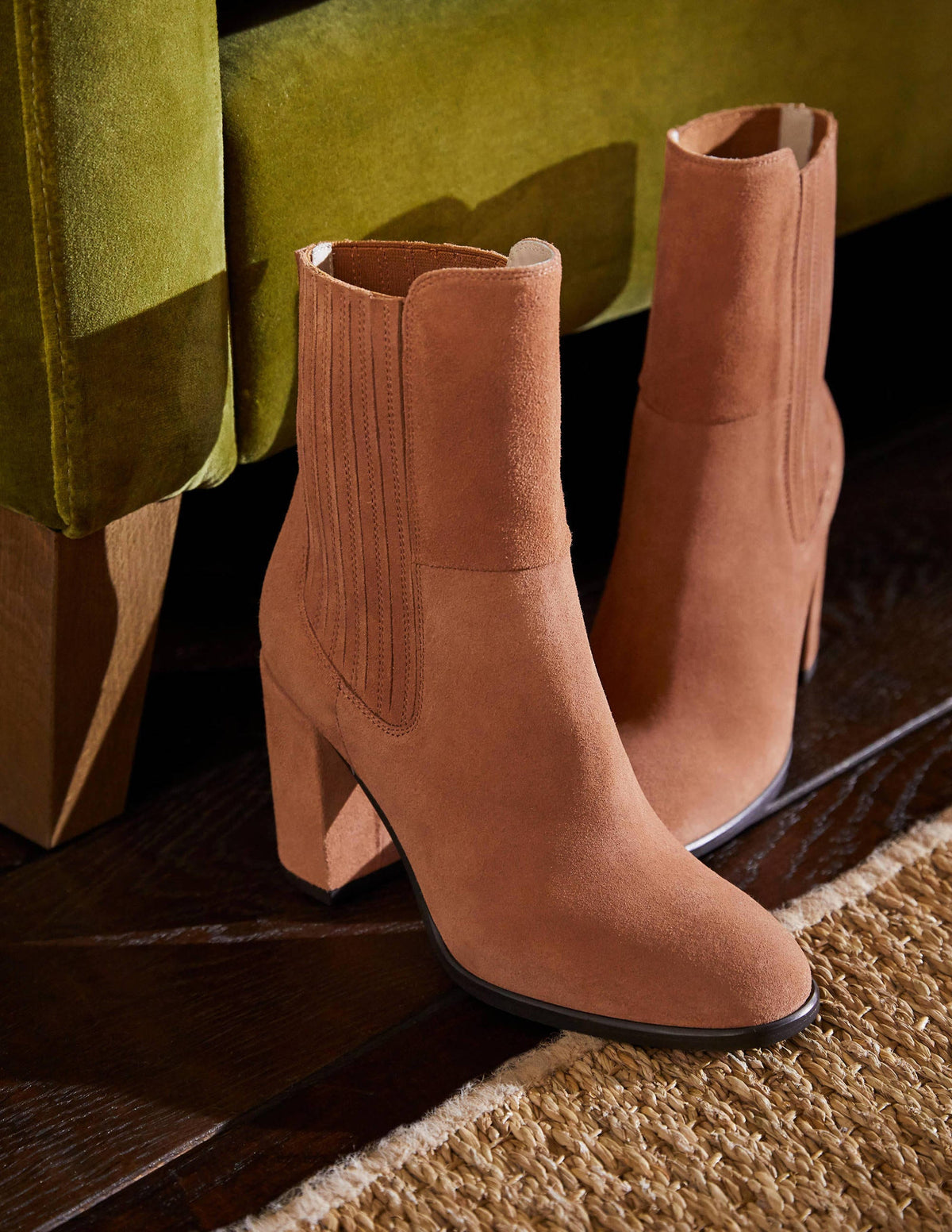 Block Heel Ankle Boots-Tan Suede - Image 1