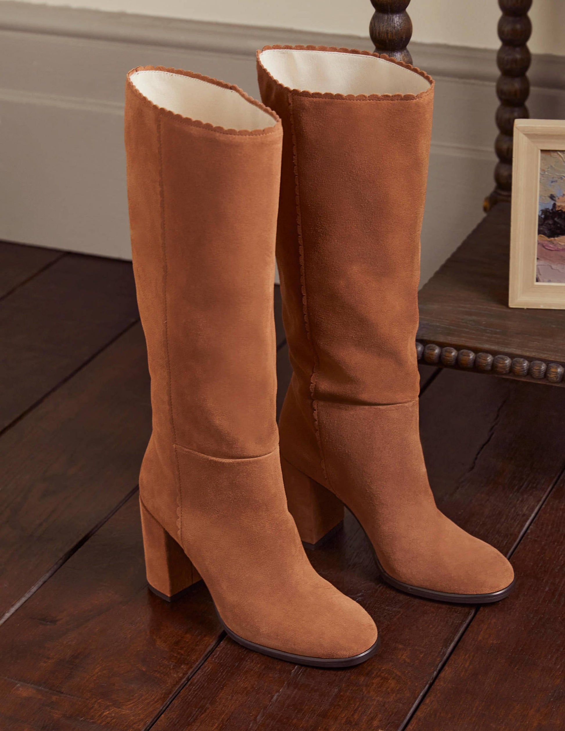 Block Heel Knee High Boots-Tan-1