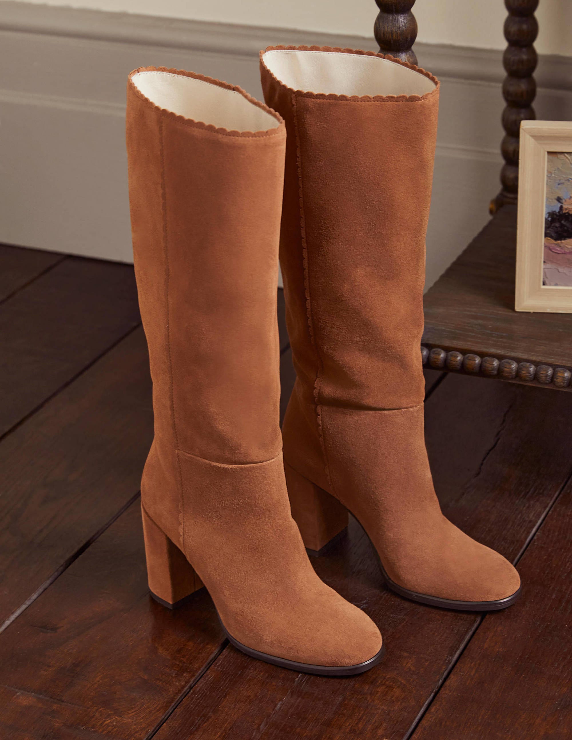 Block Heel Knee High Boots-Tan - Image 1