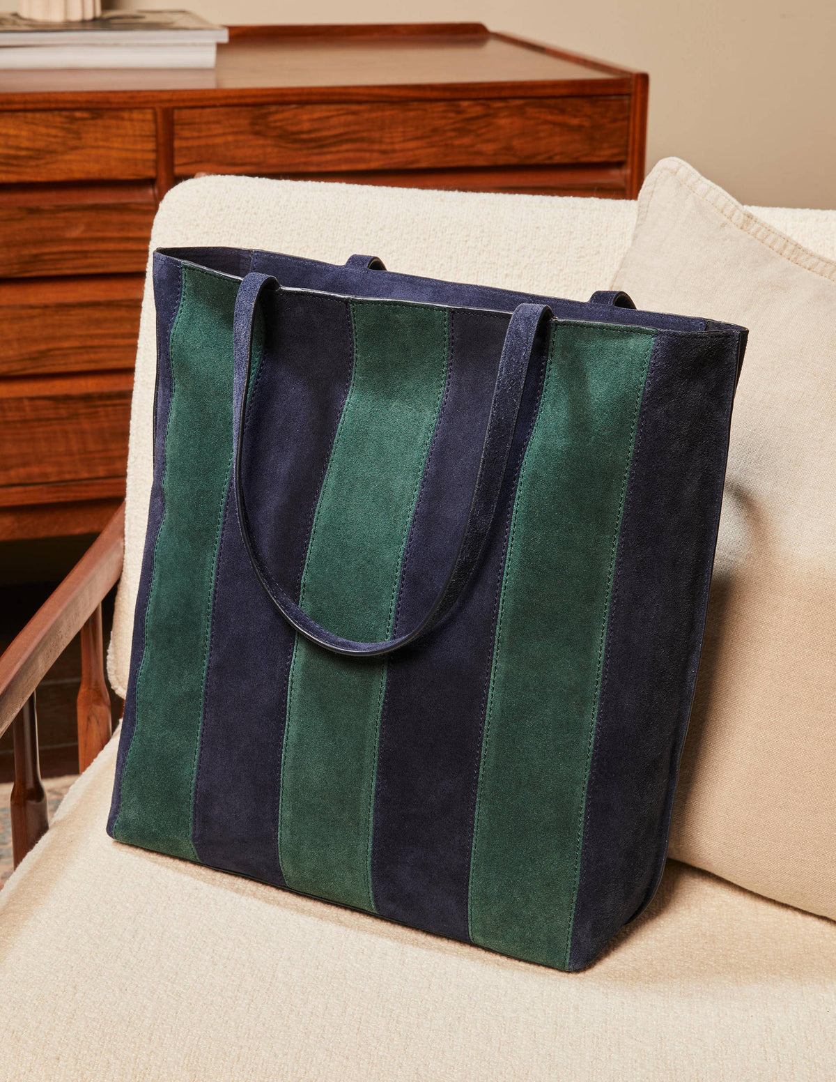 Stripe Leather Tote Bag-Navy-1