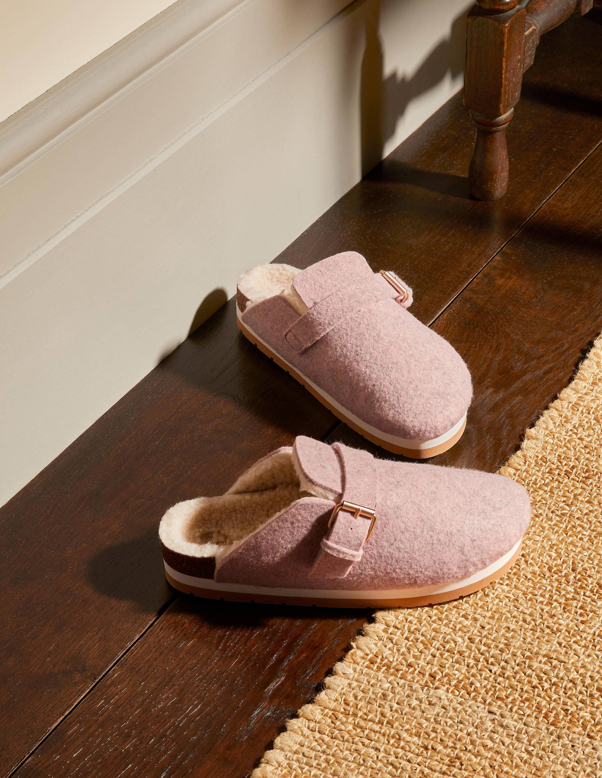 Borg Lined Mule Shoes-Pink Marl Felt - Image 1