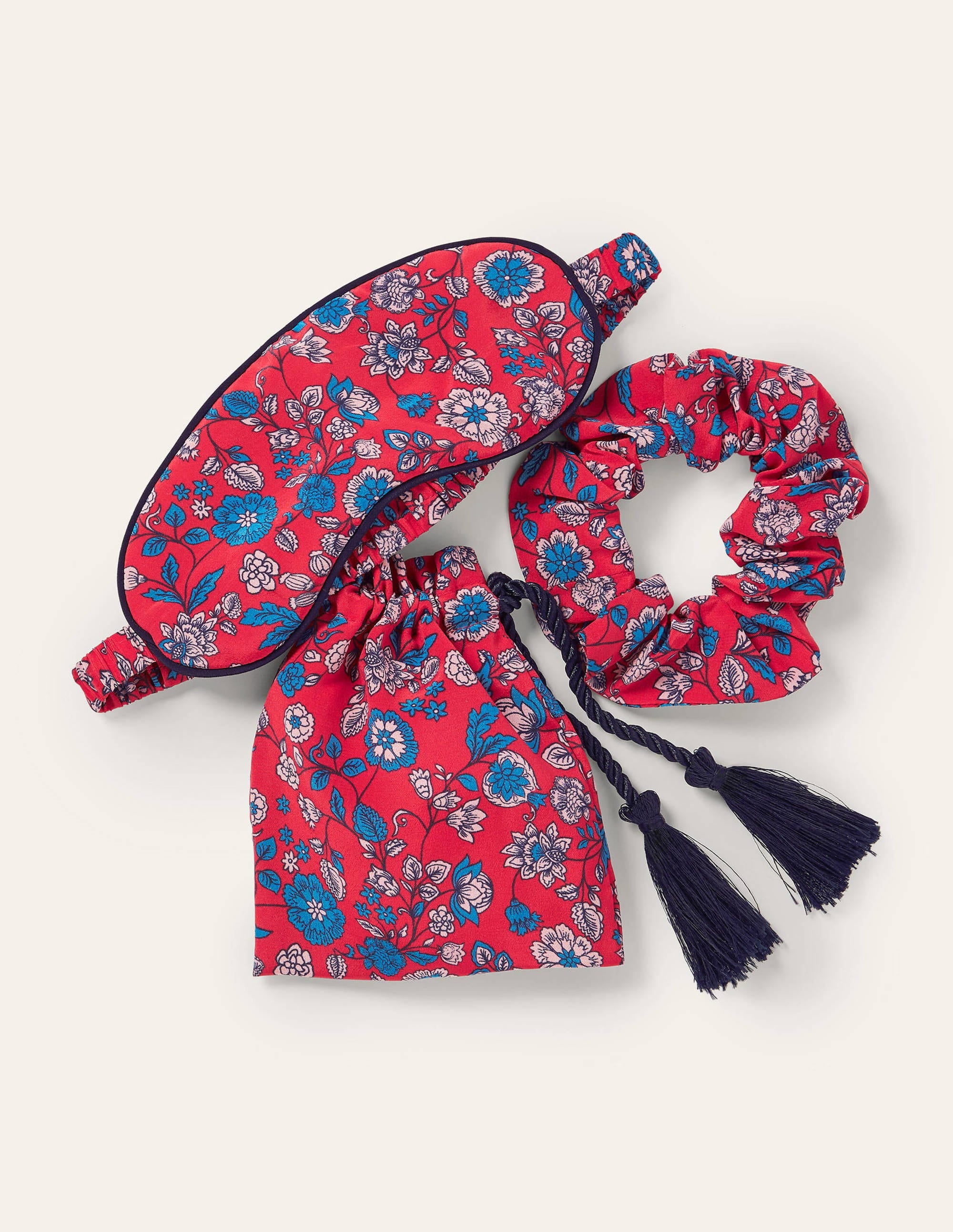 Eye Mask and Scrunchie Set-Bright Red, Delicate Floral - Image 1
