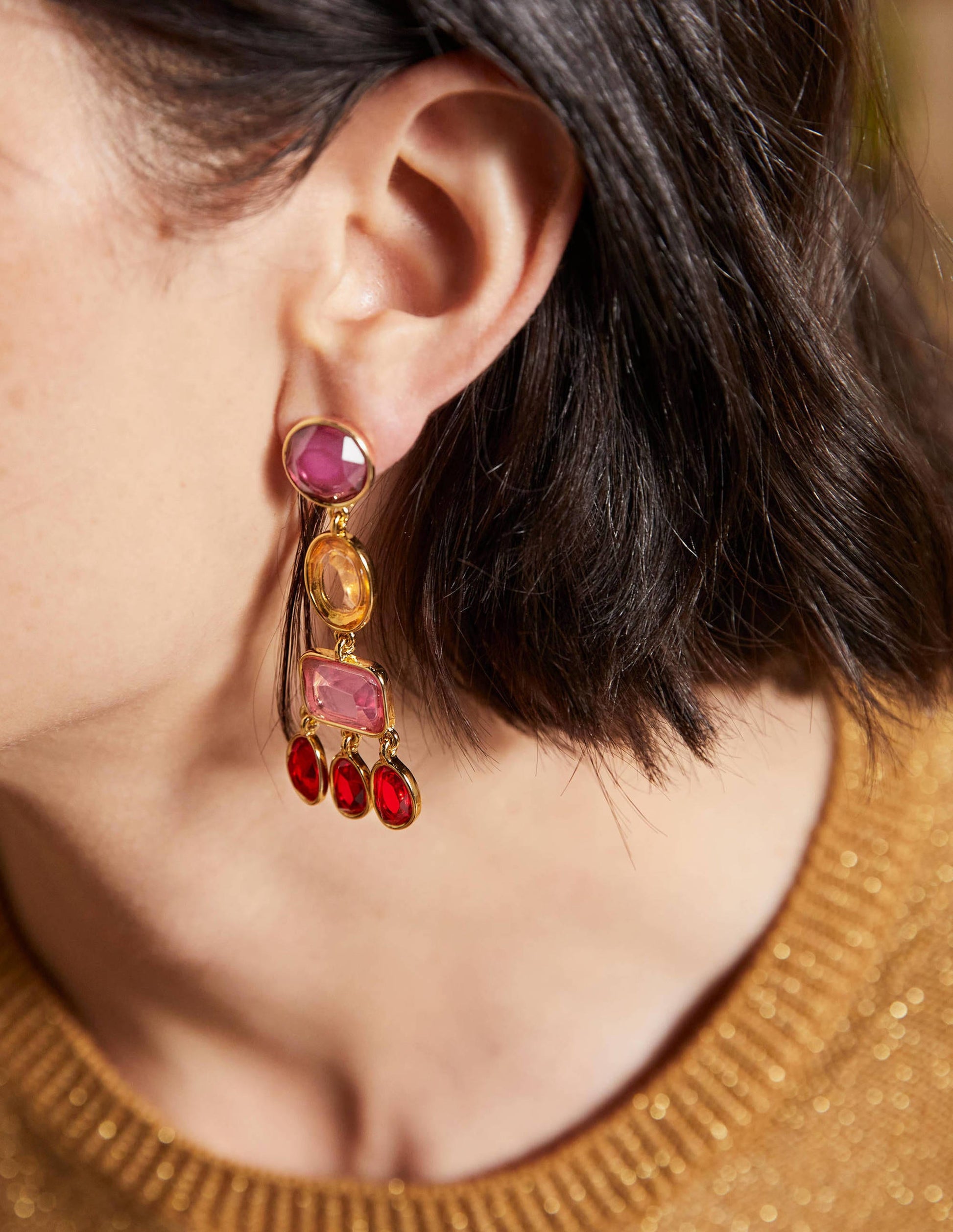 Jewelled Chandelier Earrings-Red Multi-1