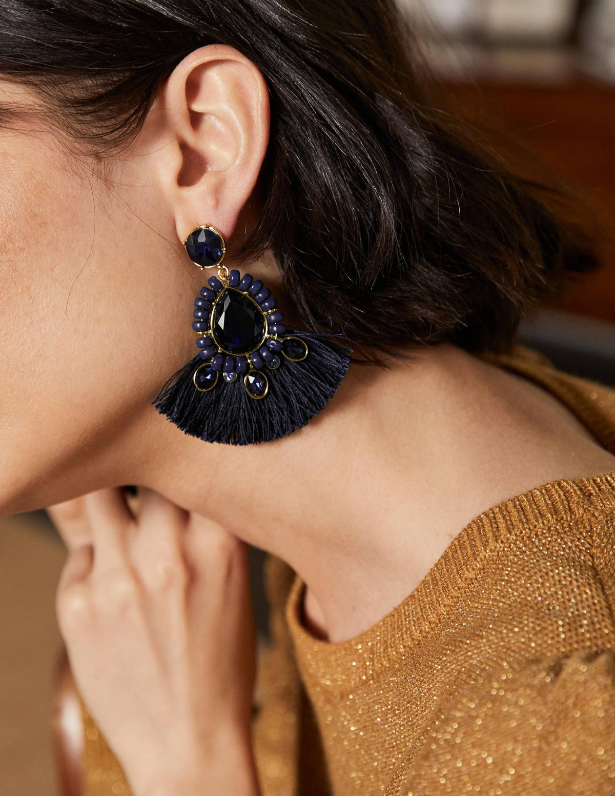 Jewelled Fringe Earrings-Navy - Image 1