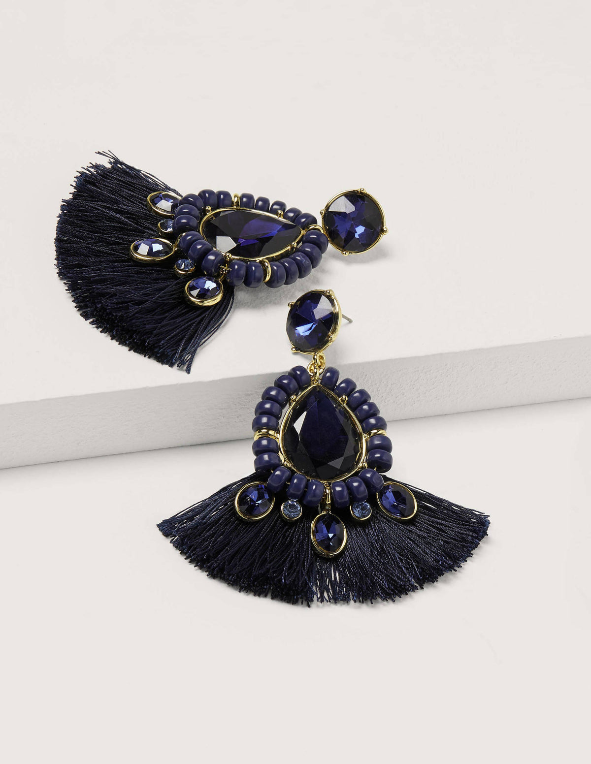 Jewelled Fringe Earrings-Navy-2