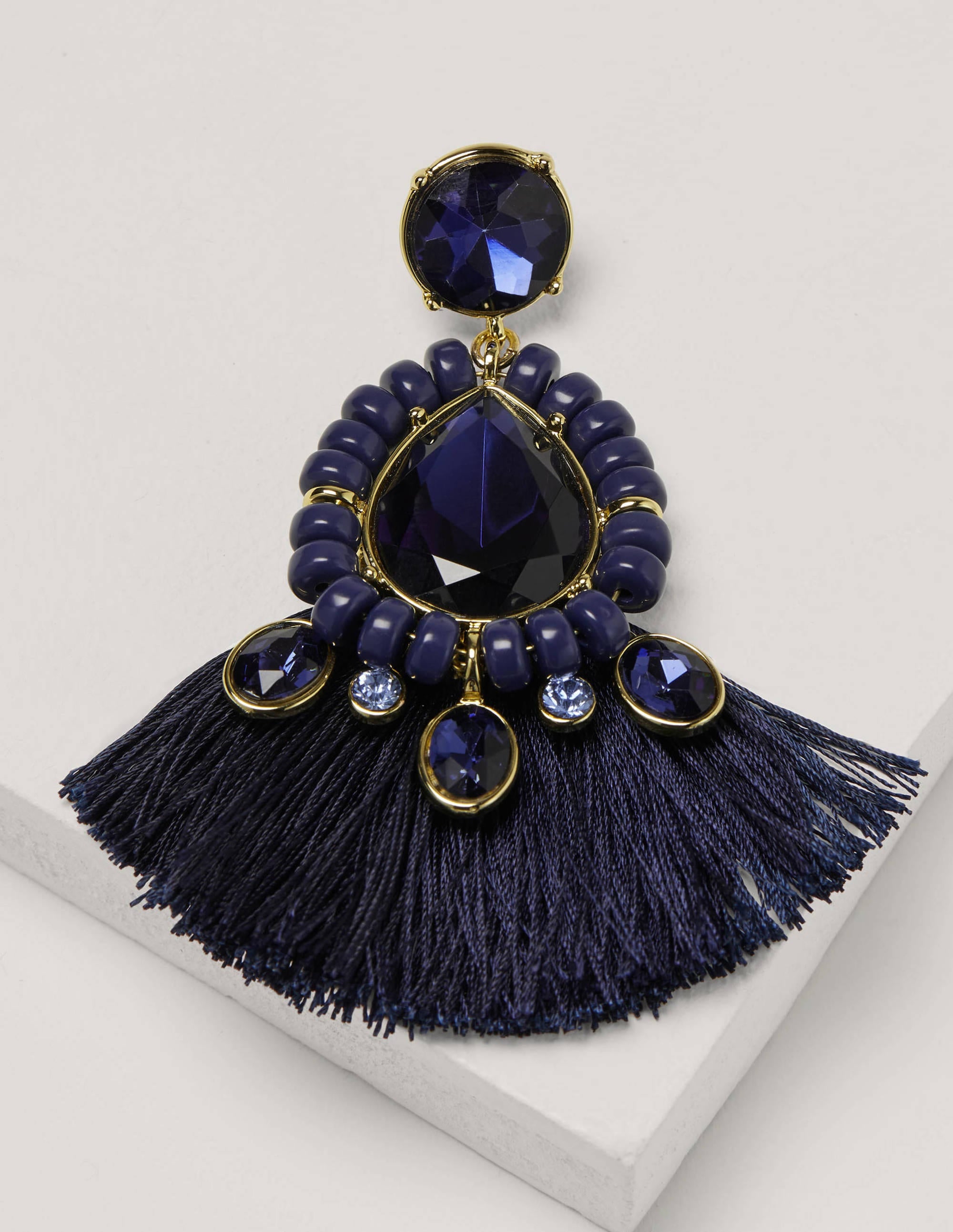Jewelled Fringe Earrings-Navy - Image 3